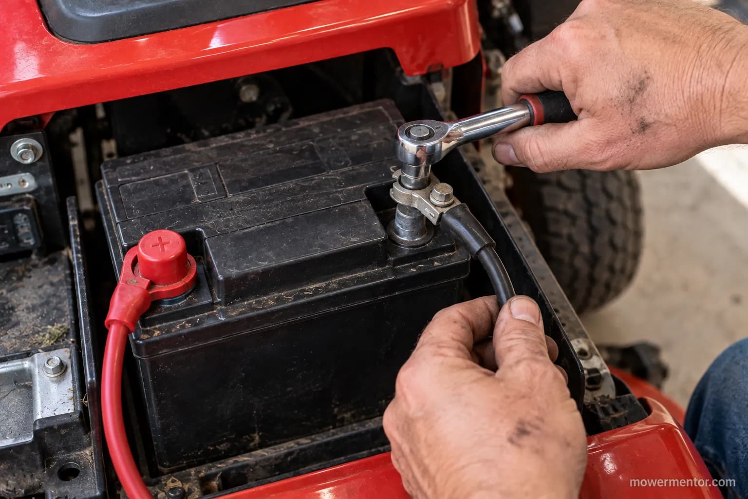 Disconnecting the negative terminal first on a Husqvarna riding mower battery with a socket wrench.