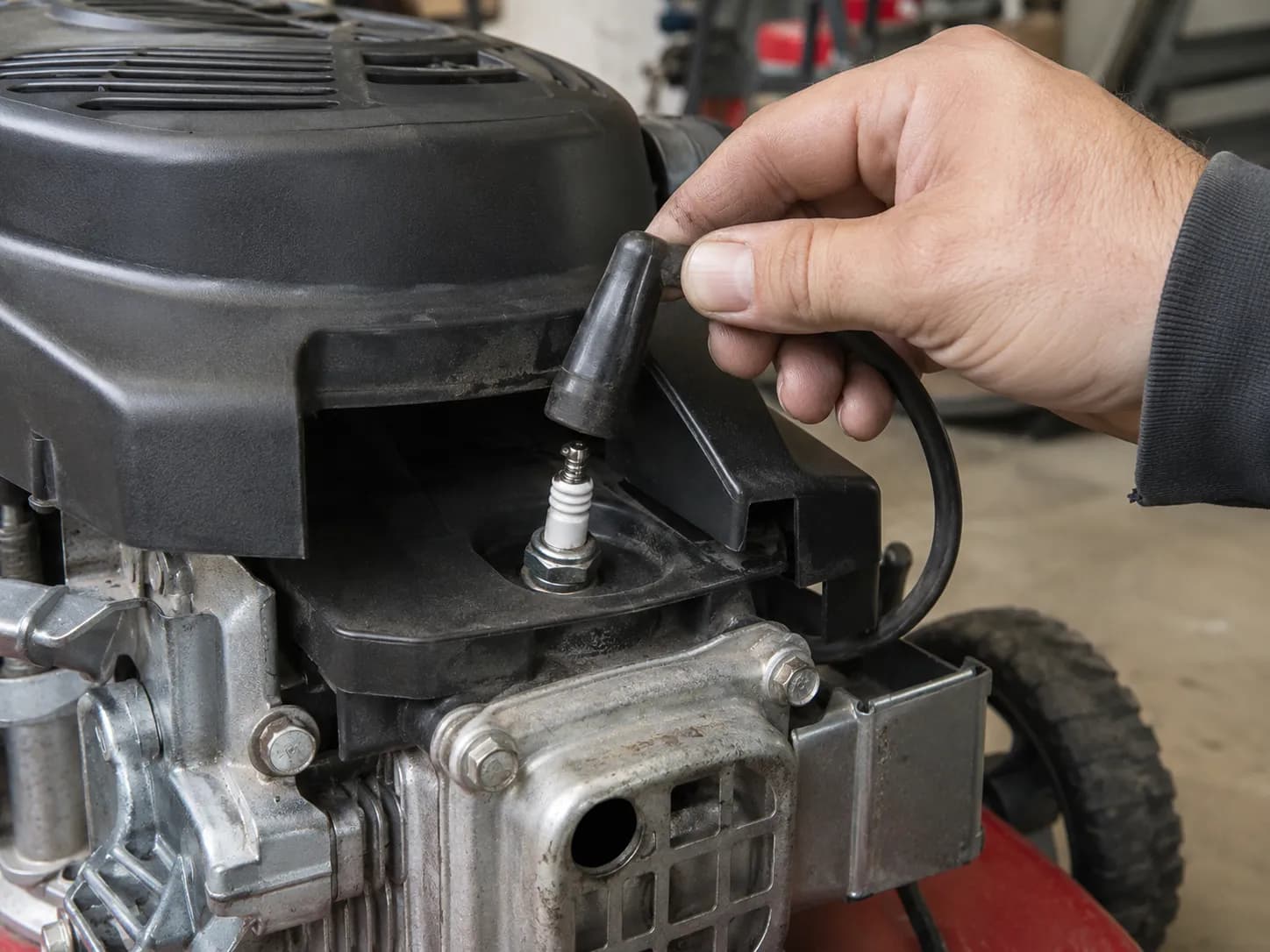 Hand pulling the rubber spark-plug boot off a small gas lawn mower engine before starting maintenance.