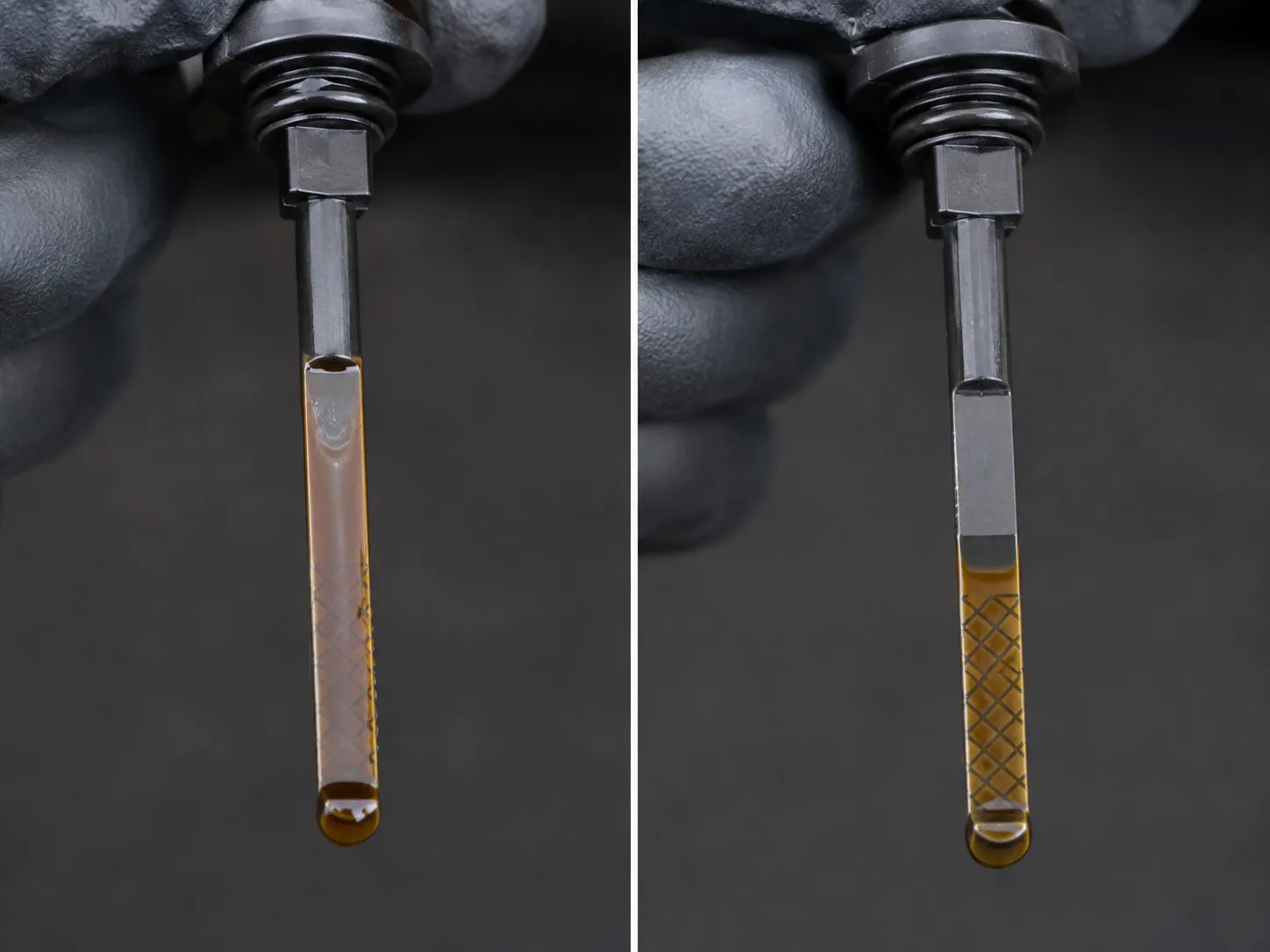 Side-by-side close-up of a small engine dipstick showing oil at the full mark before starting the engine & at the middle of the cross-hatched safe range after 3 minutes, illustrating oil filter filter