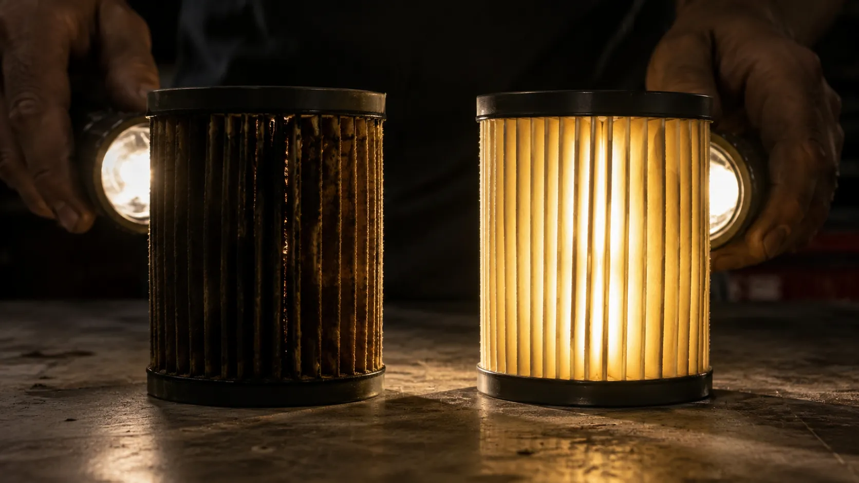 Flashlight shining through a clogged and a clean paper air filter, showing how the dirty pleats block most of the light while the clean filter allows much more to pass through.