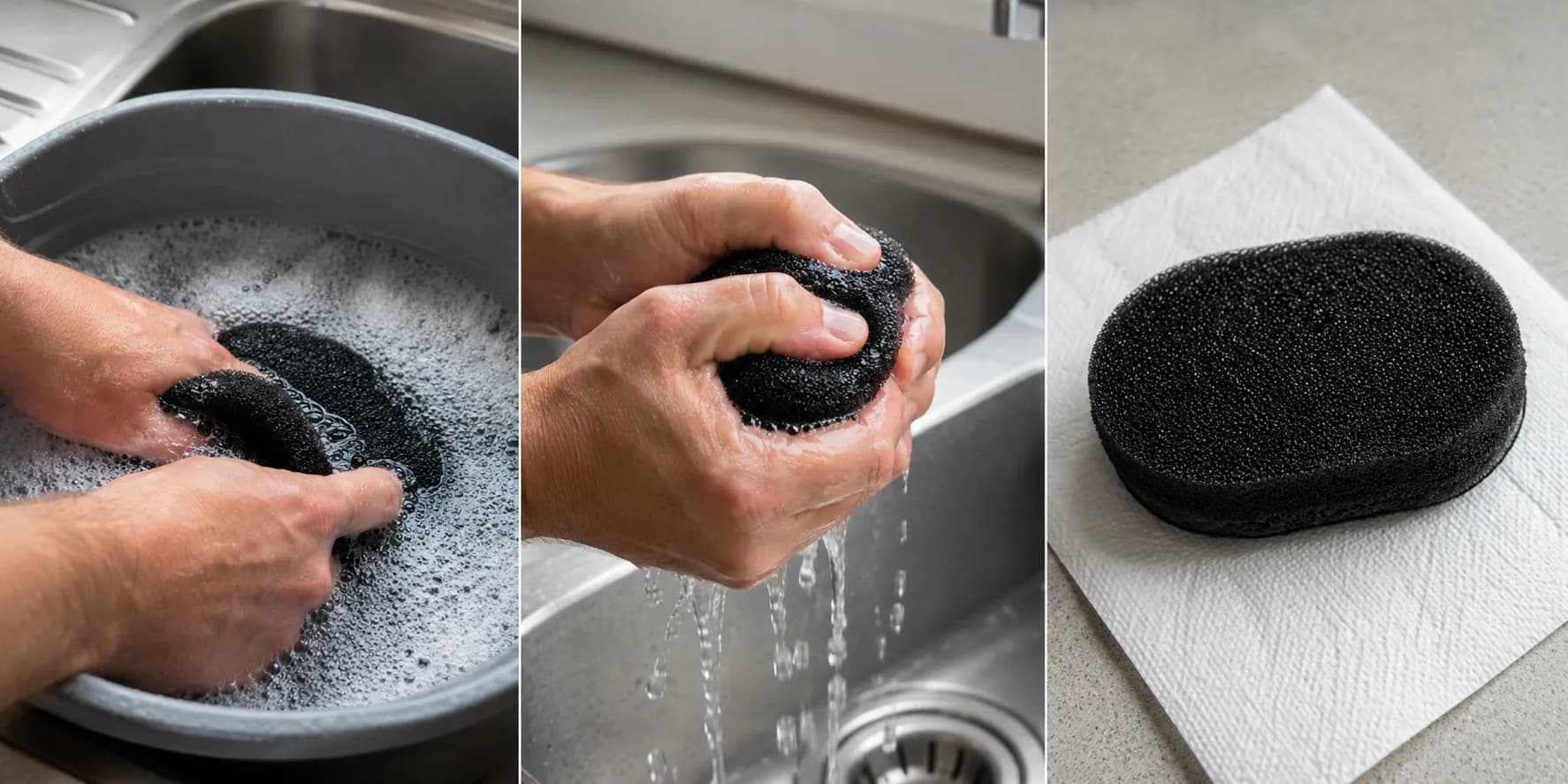 Three-panel sequence showing a black foam mower pre-filter being washed in soapy water, gently squeezed dry, and lightly oiled on a white paper towel before reinstallation.
