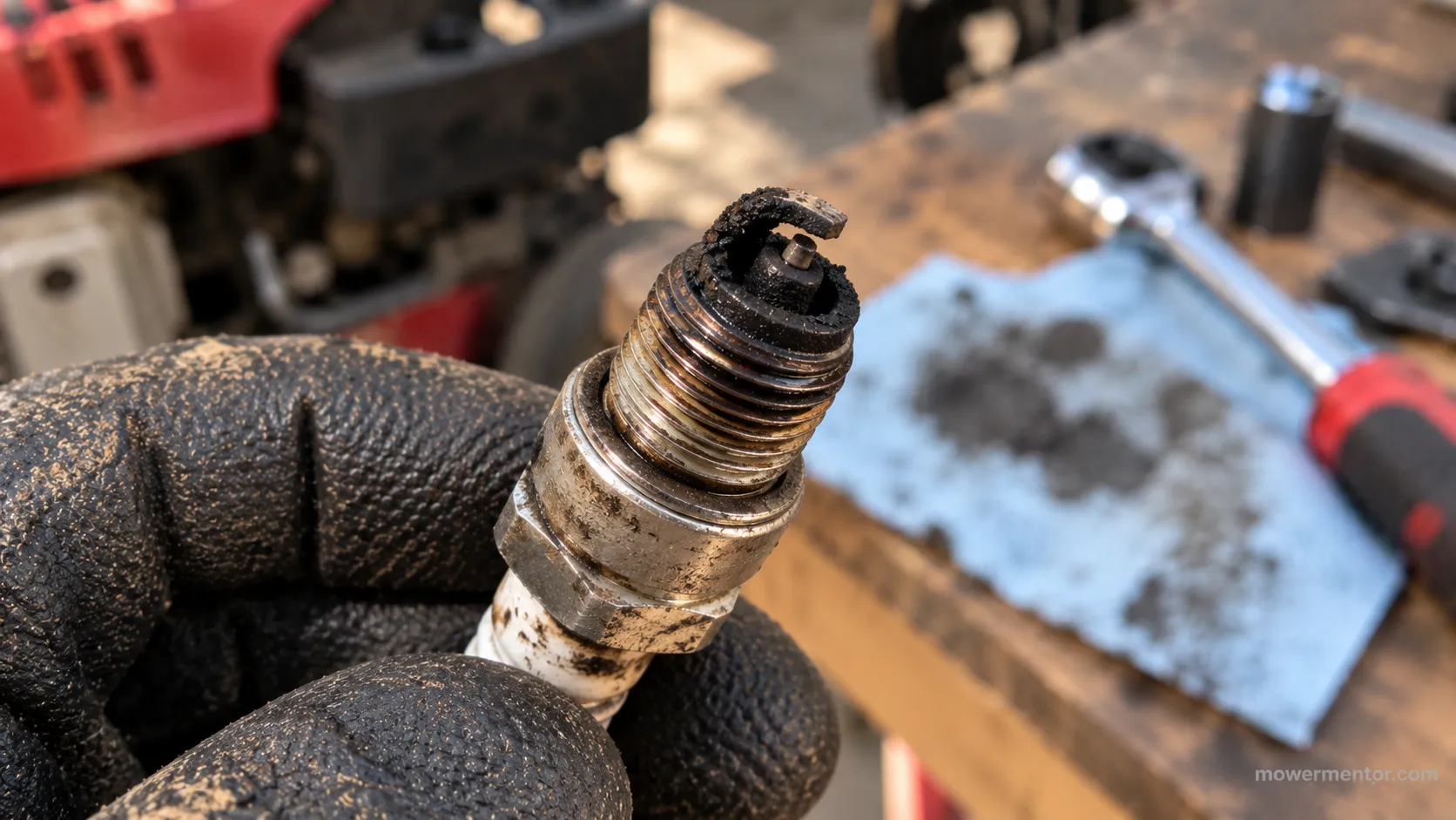 Fouled spark plug pulled from a mower that cranked but would not fire
