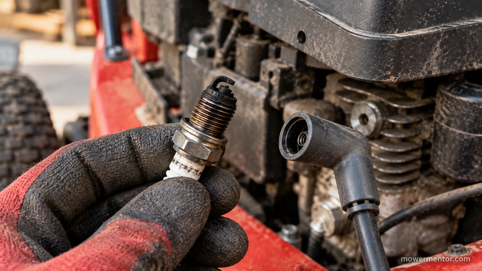 Soot-fouled riding mower spark plug removed during a cranks-but-won't-fire diagnosis.