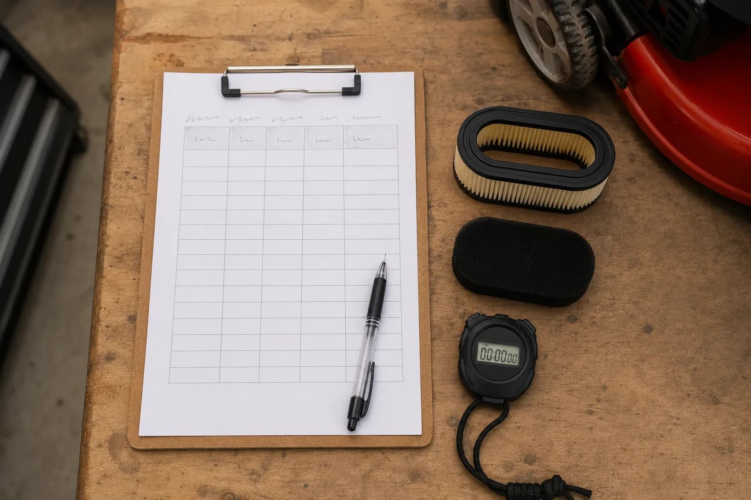 Overhead view of a clipboard service log with a Honda GCV air filter, foam pre-filter, and stopwatch on a wooden workbench, illustrating a spring air filter maintenance timing methodology.