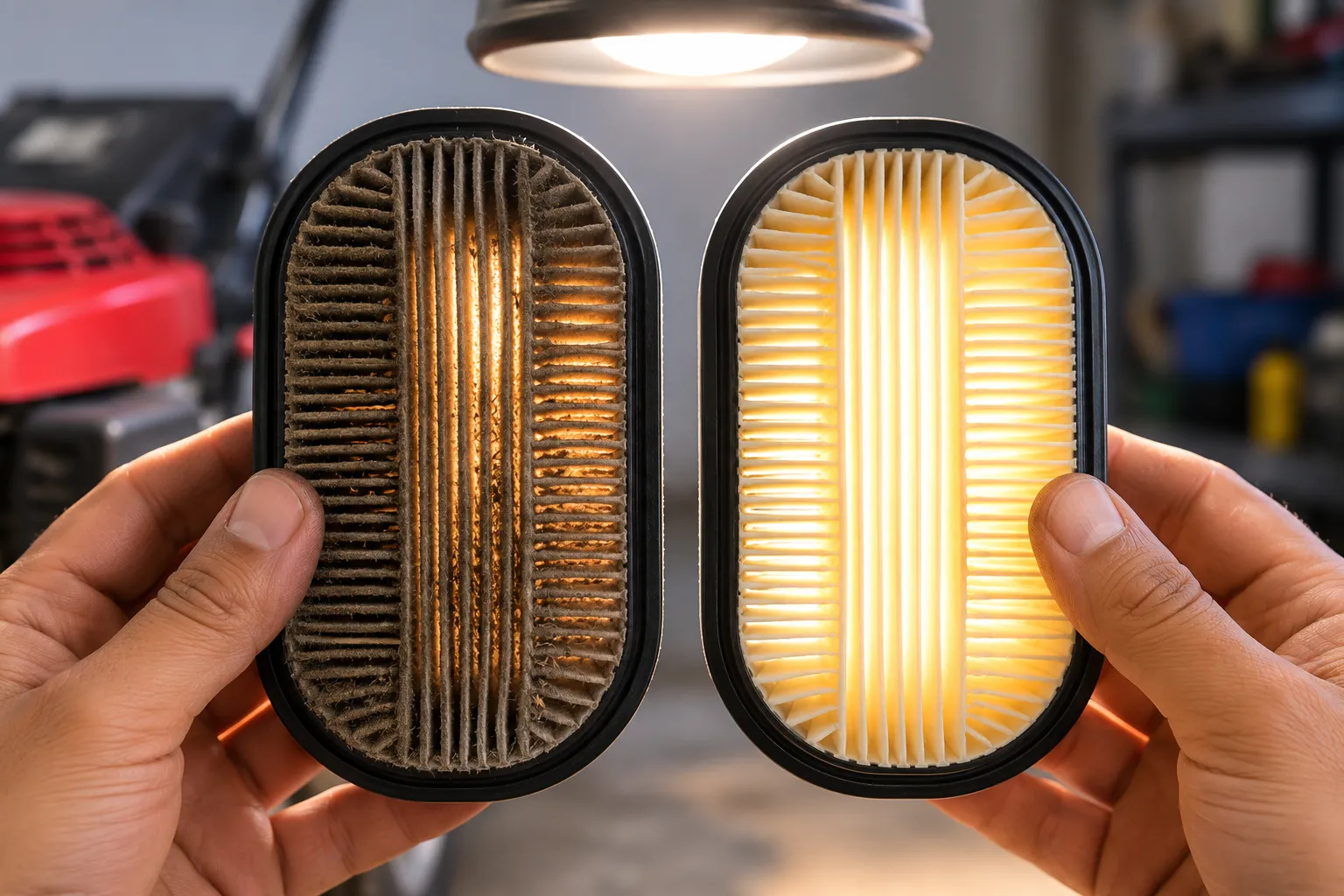 Dirty and clean GCV160 paper air filters held to a shop light, showing reduced light passing through the dust-clogged pleats compared with the clean filter.