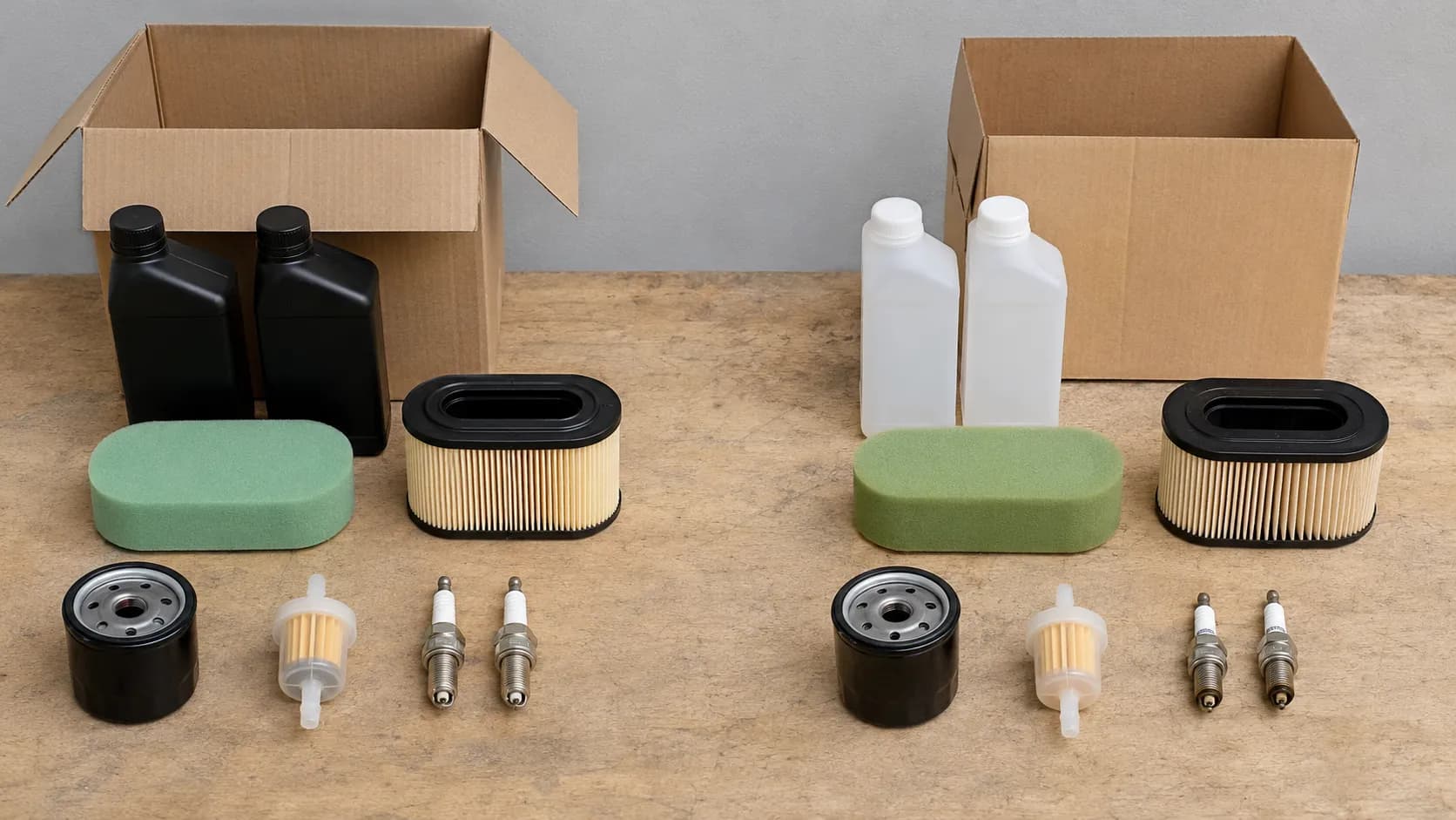 ide-by-side comparison of a genuine lawn mower maintenance kit and a budget replacement kit with matching filters, spark plugs, oil bottles, and other service parts aligned on a workbench.