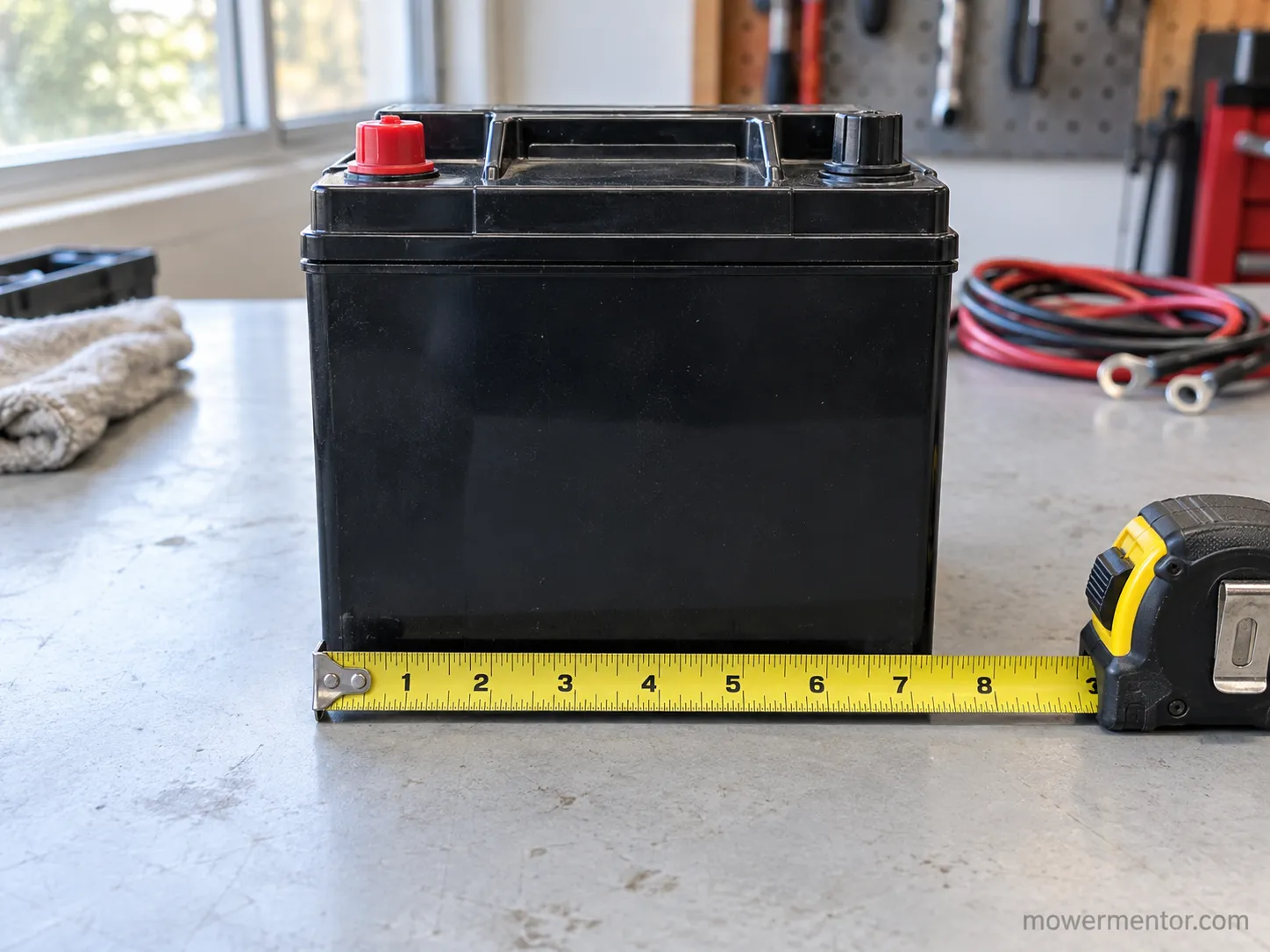 A Group U1 riding mower battery beside a tape measure showing its compact footprint.