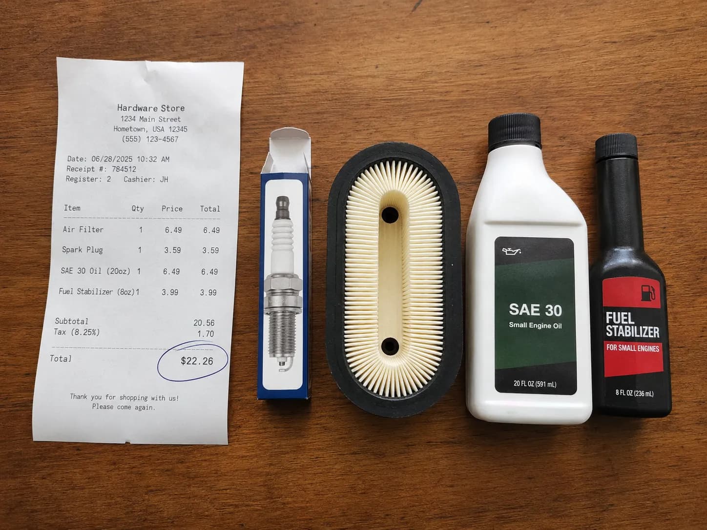 Hardware store receipt with the total circled beside a spark plug, air filter, SAE 30 engine oil, and fuel stabilizer purchased for a lawn mower tune-up.