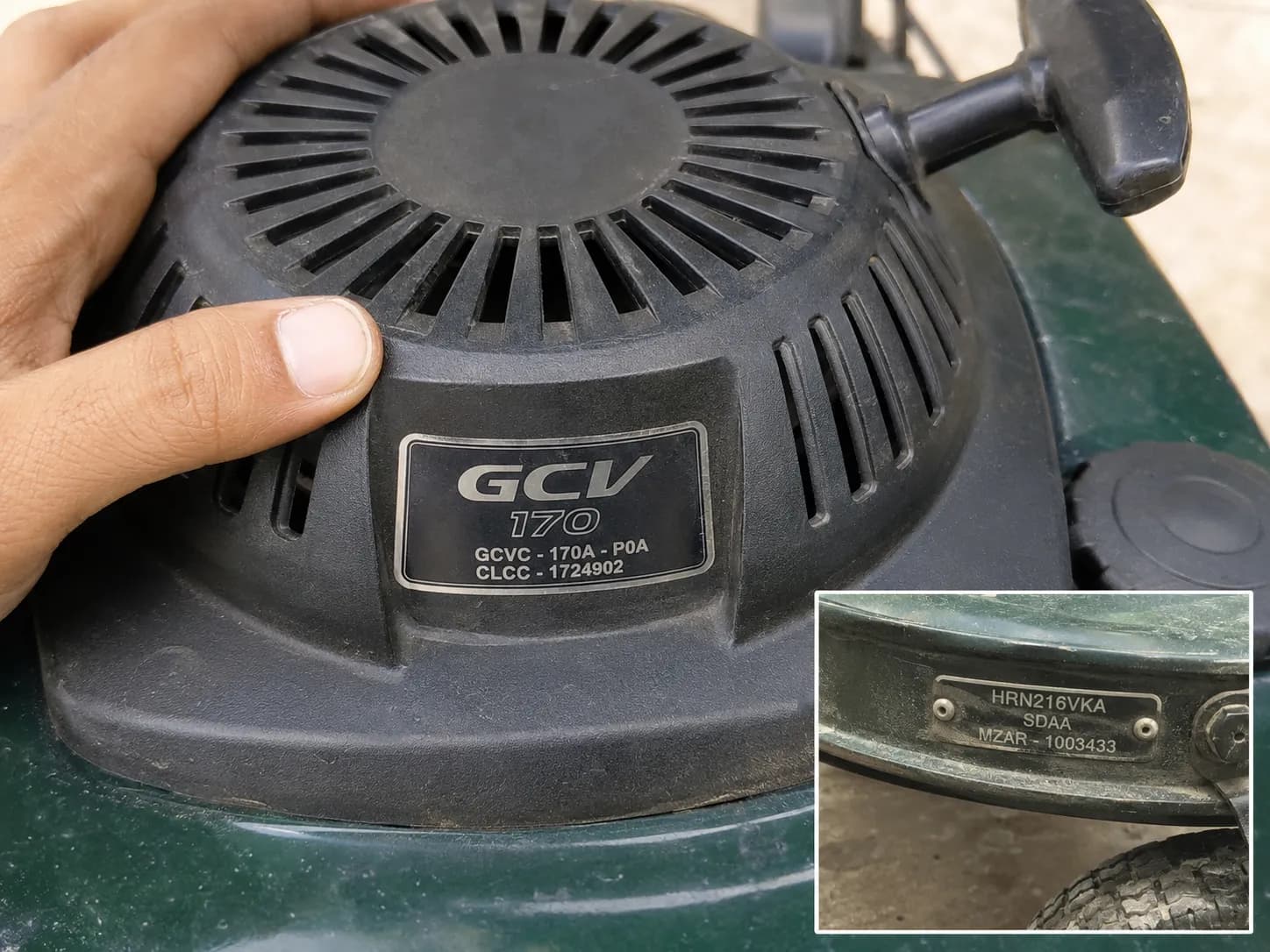 Close-up of a Honda GCV lawn mower recoil cover with the engine code sticker in focus, plus an inset showing the rear deck model and serial identification plate.