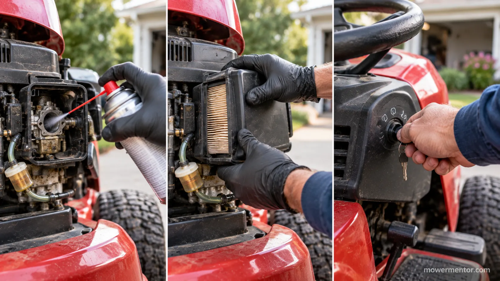 Three-step sequence of using starter fluid on a riding lawn mower: burst, refit filter, crank