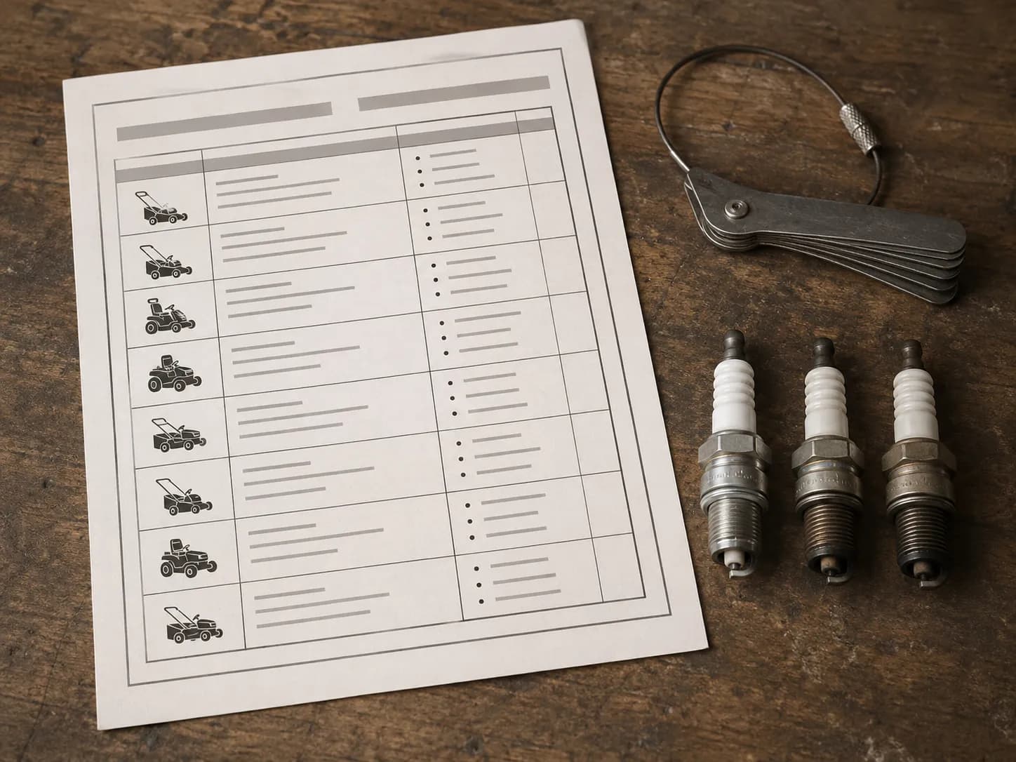 Overhead view of a lawn mower spark plug testing methodology sheet on a wooden workbench beside a wire gap gauge and three spark plugs, illustrating the testing setup used for comparison.