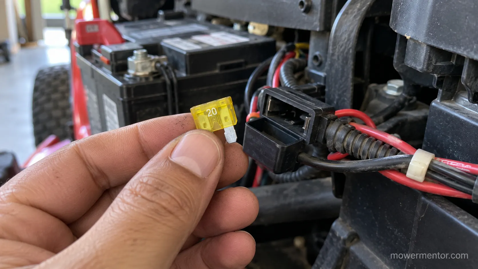 20 amp yellow blade fuse pulled from a Husqvarna riding mower fuse holder
