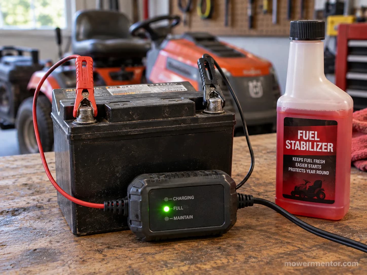 Husqvarna mower battery on a maintainer beside fuel stabilizer for winter storage