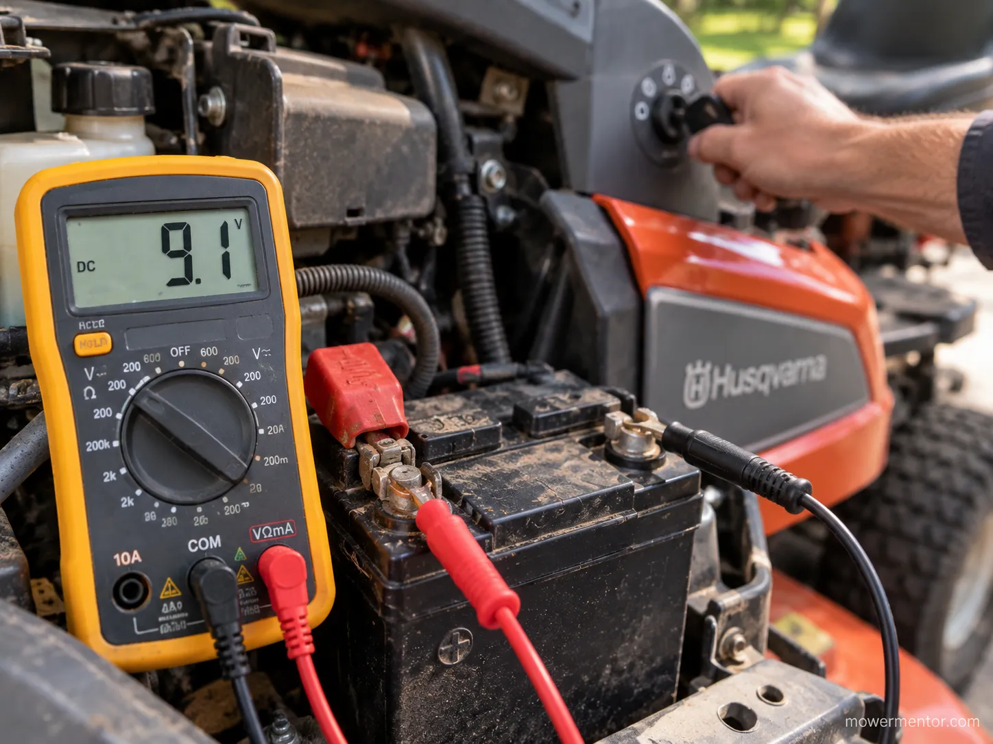 Multimeter showing a Husqvarna battery voltage collapsing under crank load