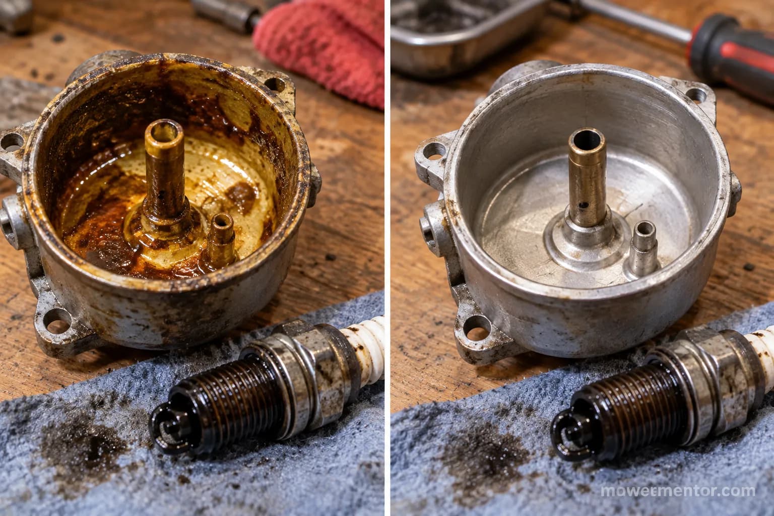 Varnished and cleaned Husqvarna carburetor float bowl beside a wet spark plug