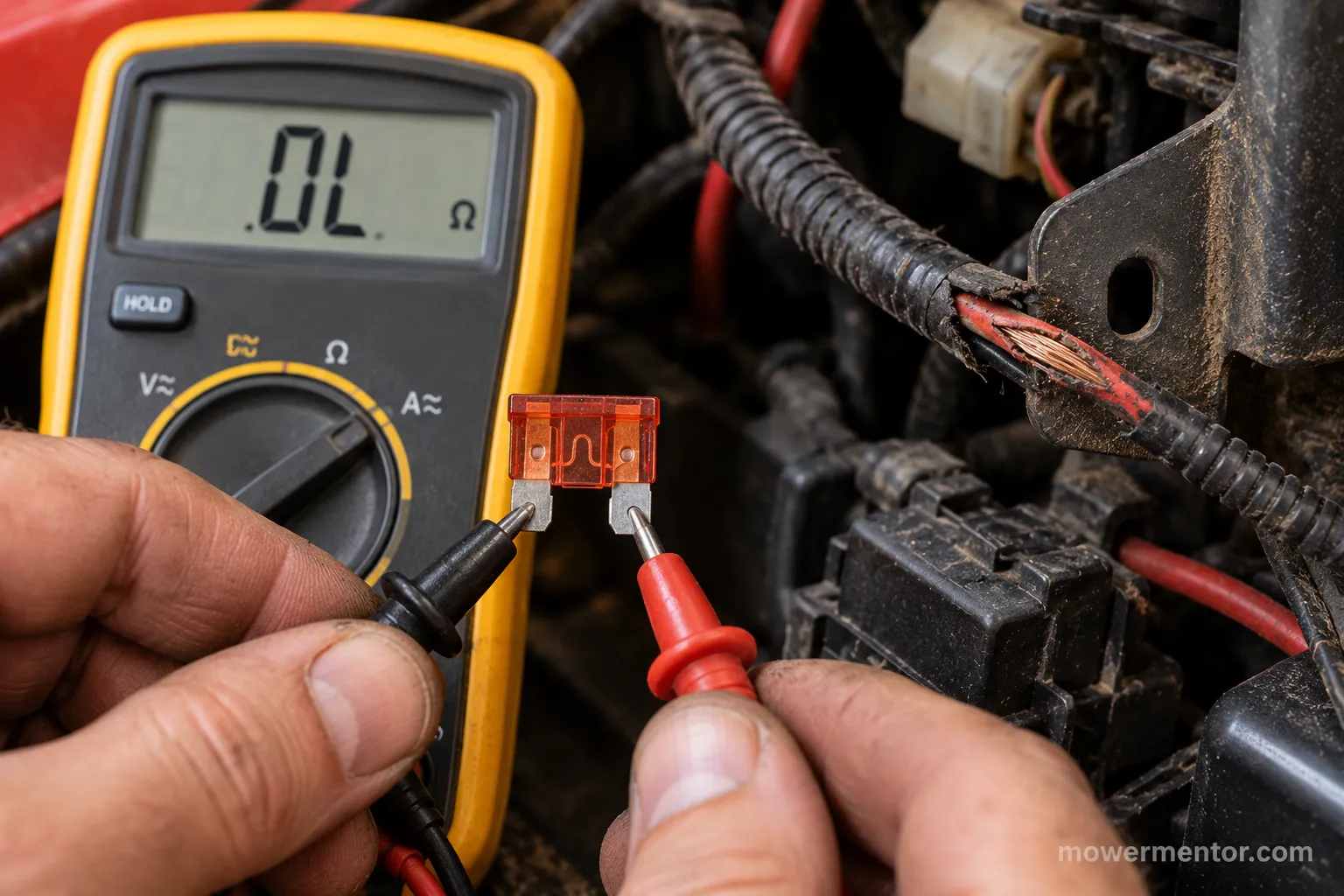 Multimeter reading open across an intact-looking Husqvarna fuse near a chafed wire