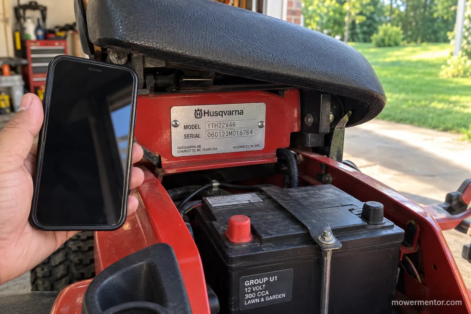 Husqvarna riding mower model and serial plate used to confirm the correct battery fitment.