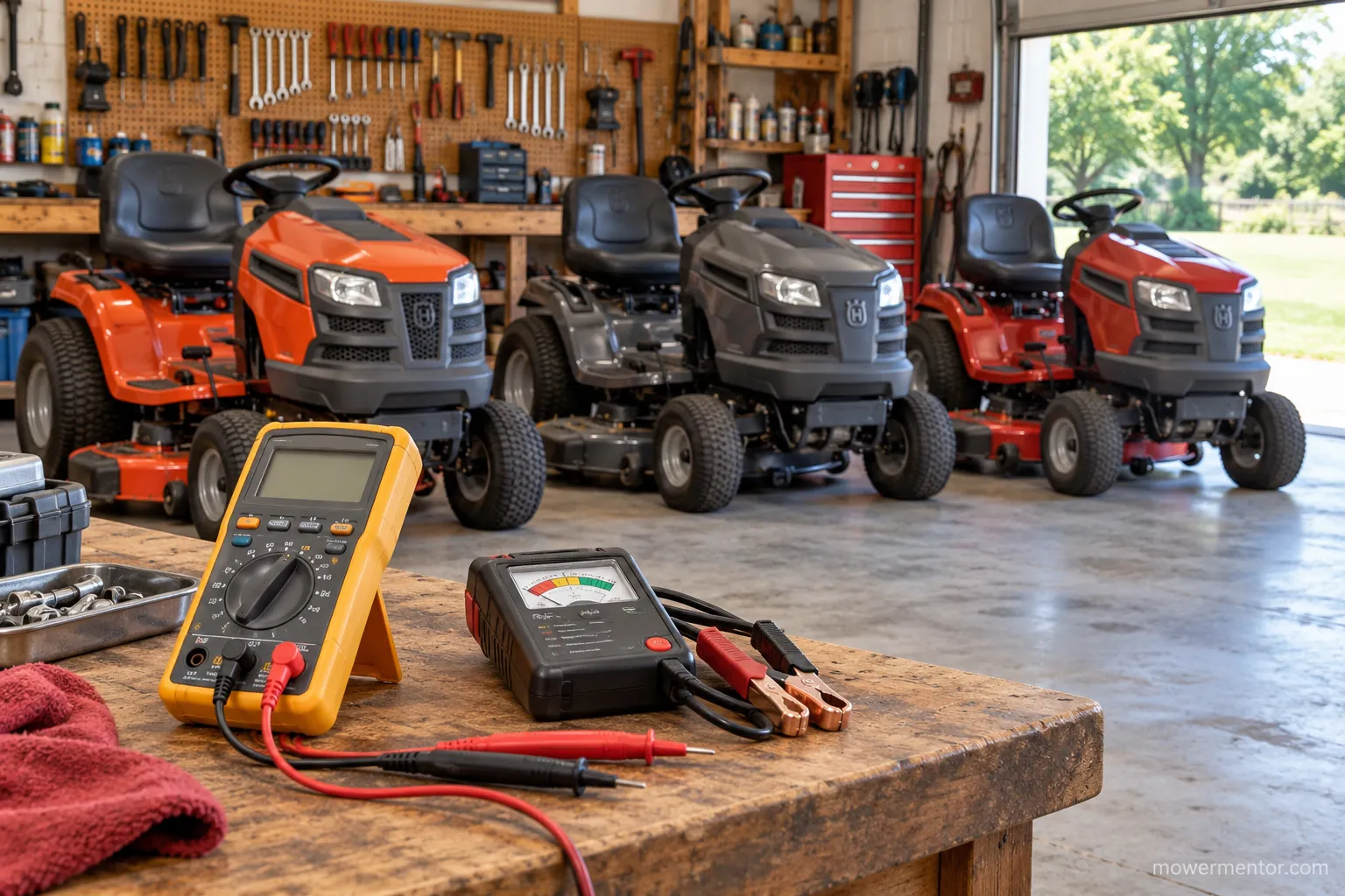 Three Husqvarna riding mowers in a workshop used to test no-start problems