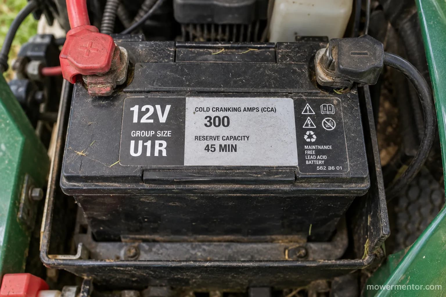Husqvarna riding mower battery label showing 12V, group U1R, and CCA rating in the tray.