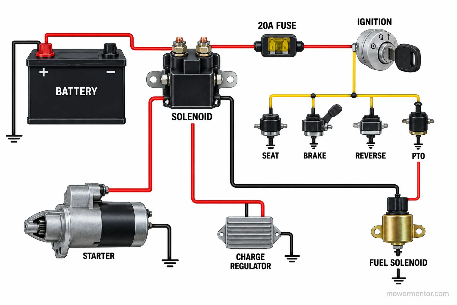 Annotated Husqvarna riding mower wiring harness diagram showing fuse, solenoid, and interlocks