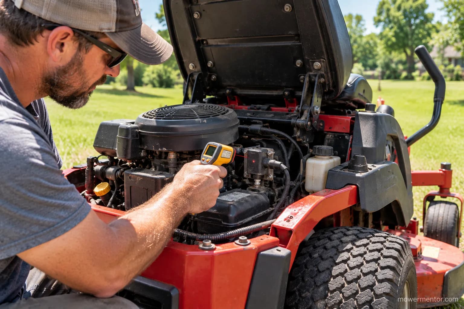 Technician checking a hot Husqvarna zero-turn ignition coil during a no-start