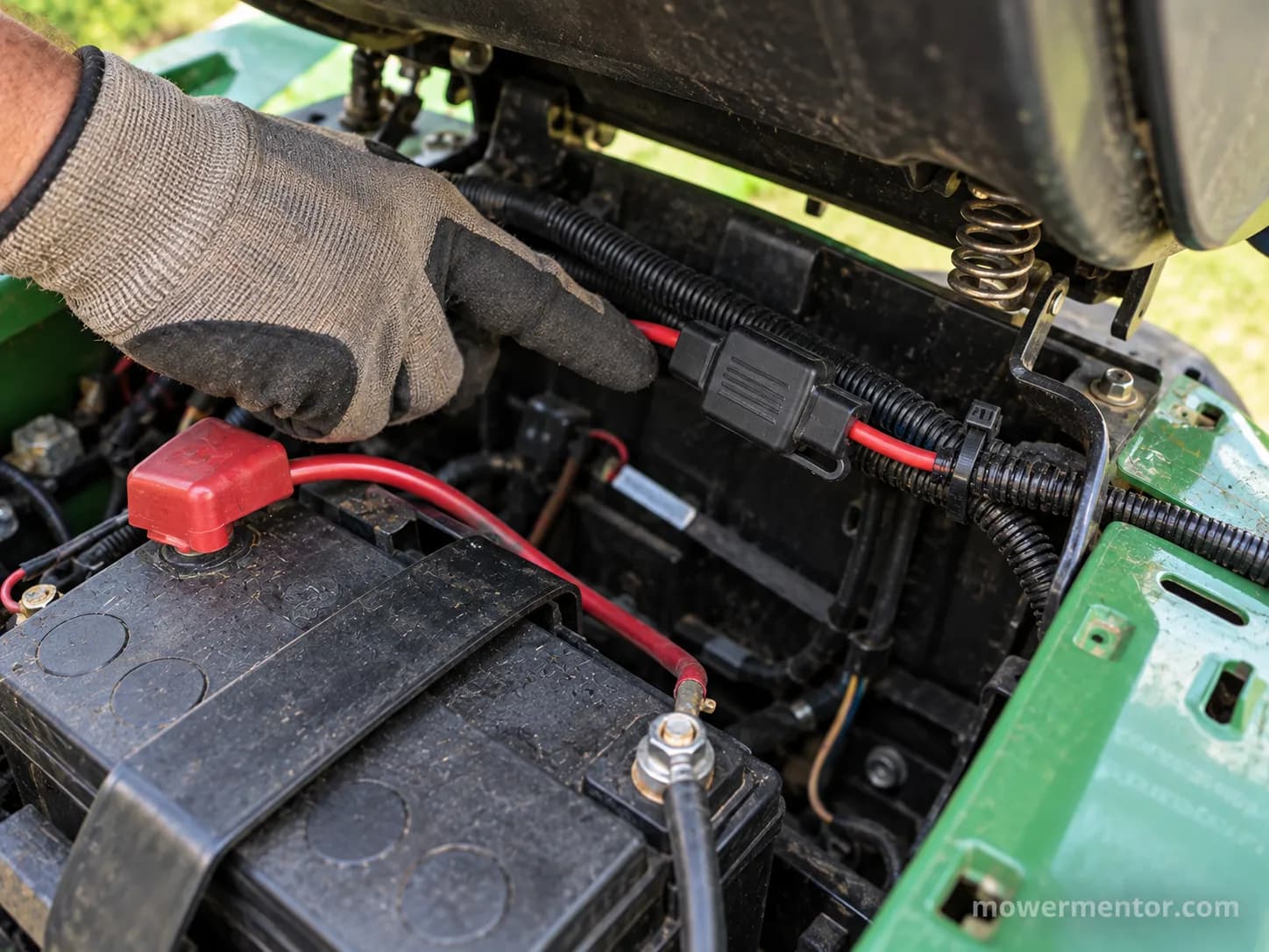 An inline 20 amp fuse tucked into a riding mower wiring loom near the battery.