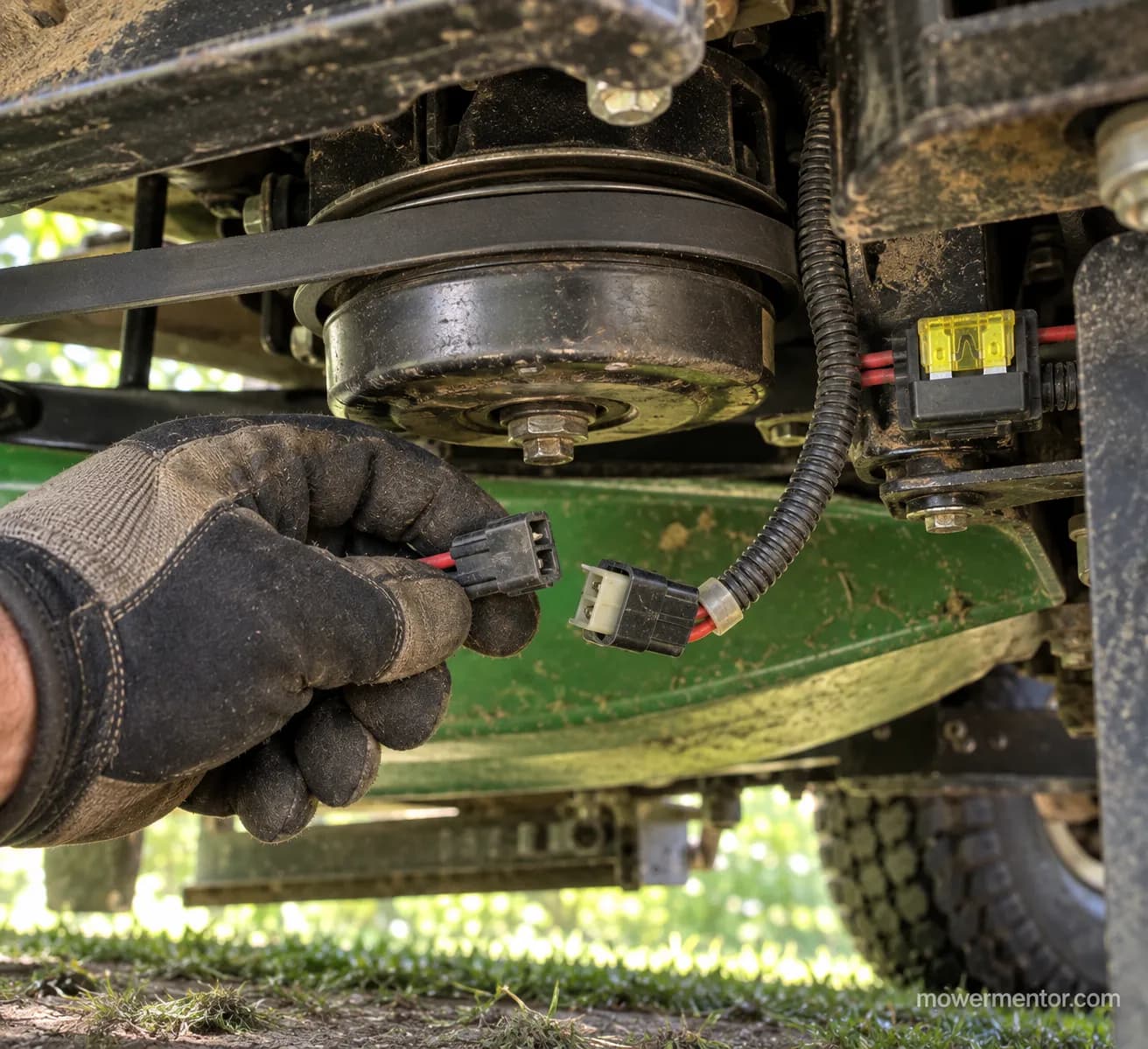 unplugging a riding mower PTO clutch connector to isolate a blown-fuse short