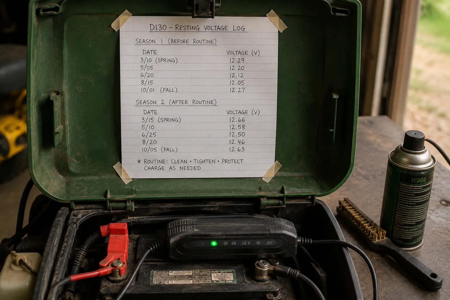 Two-season resting voltage log for a maintained John Deere mower battery beside a trickle maintainer