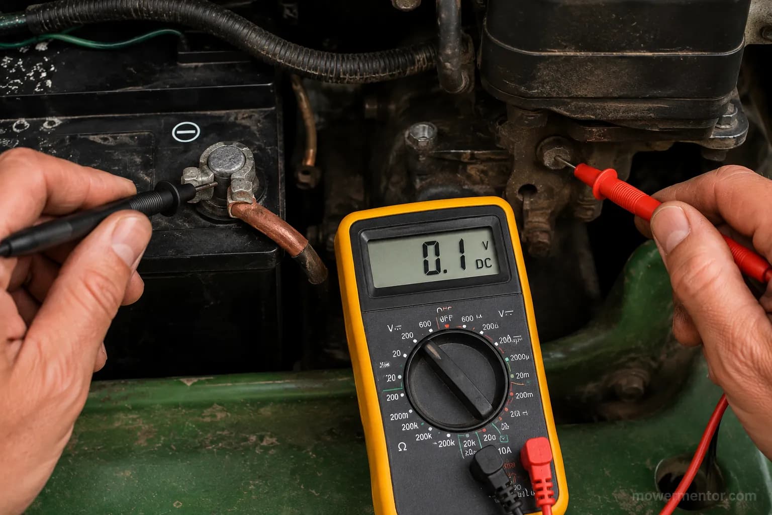 Multimeter measuring voltage drop across a John Deere mower ground strap during cranking