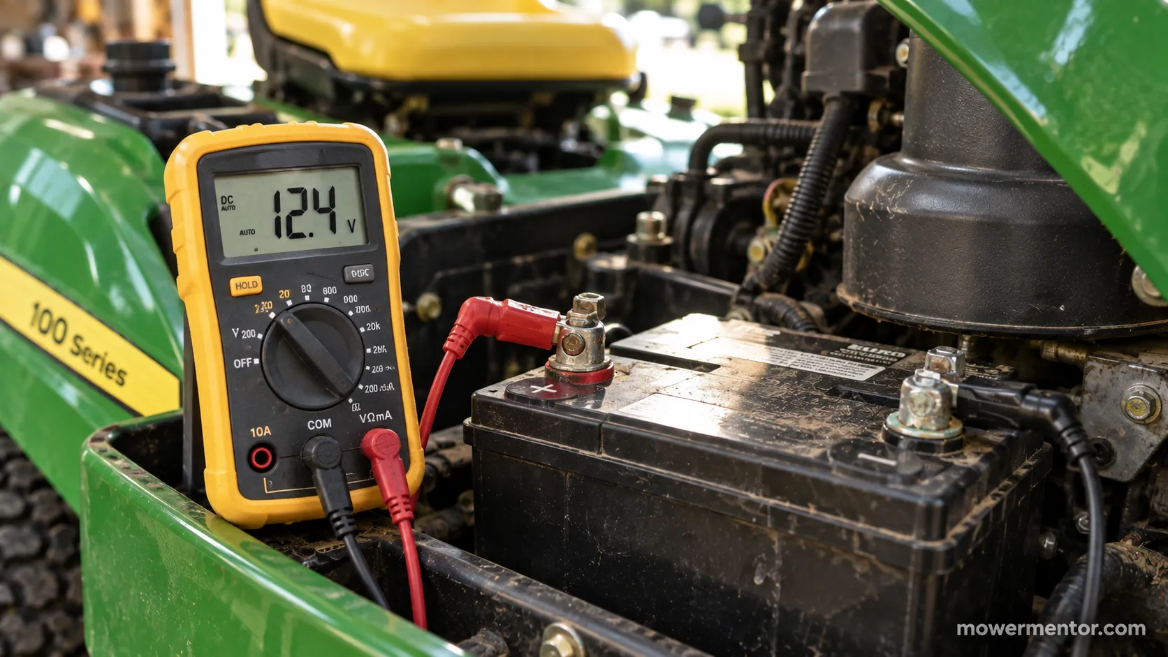 Multimeter showing 12.4 volts on a John Deere riding mower battery during testing