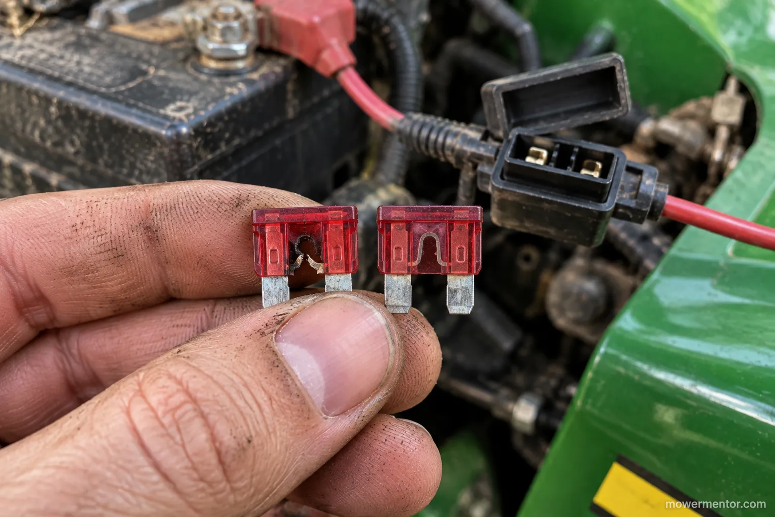 Blown fuse pulled from a John Deere riding mower fuse holder next to a good fuse