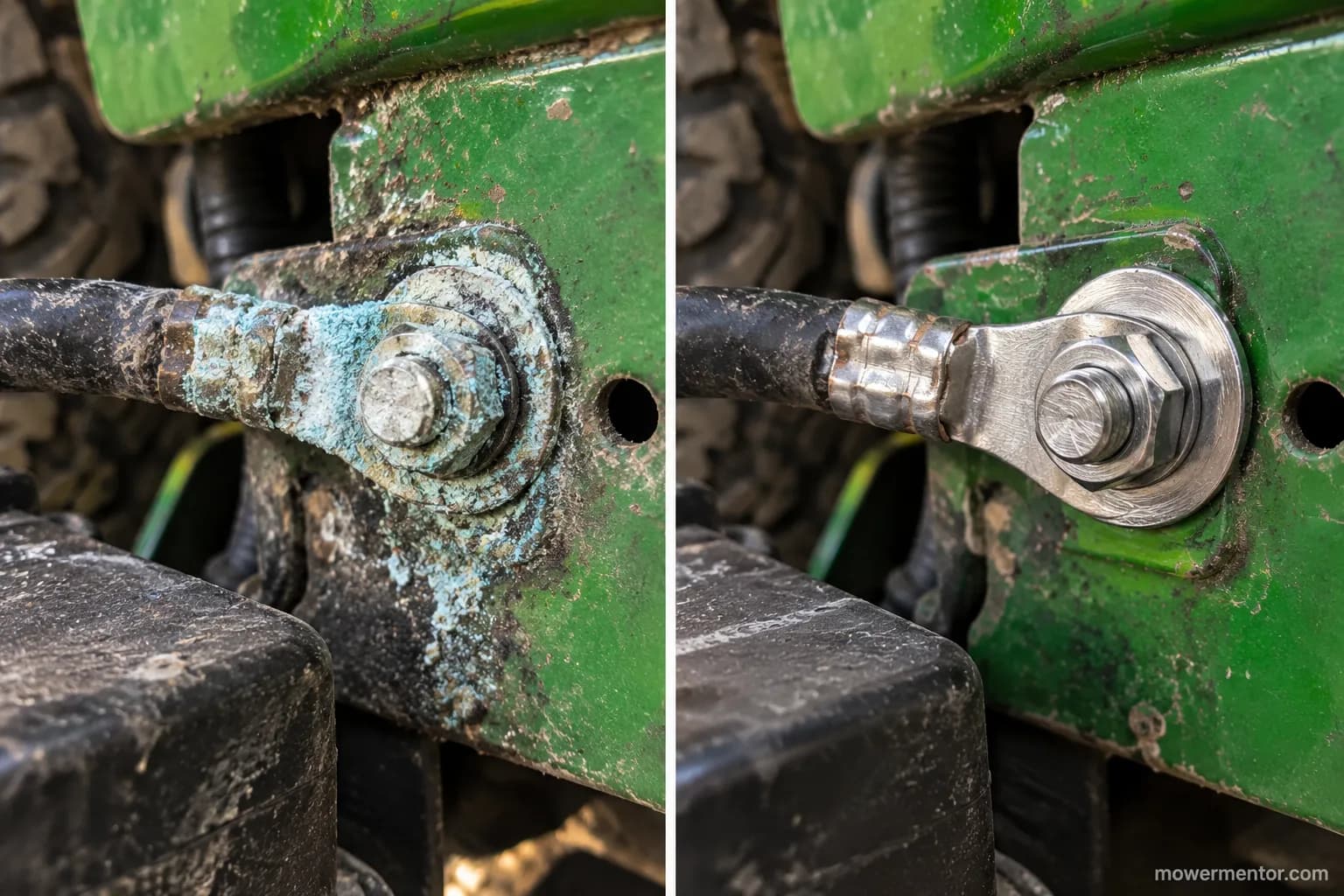 Corroded and then cleaned battery ground connection on a John Deere riding mower