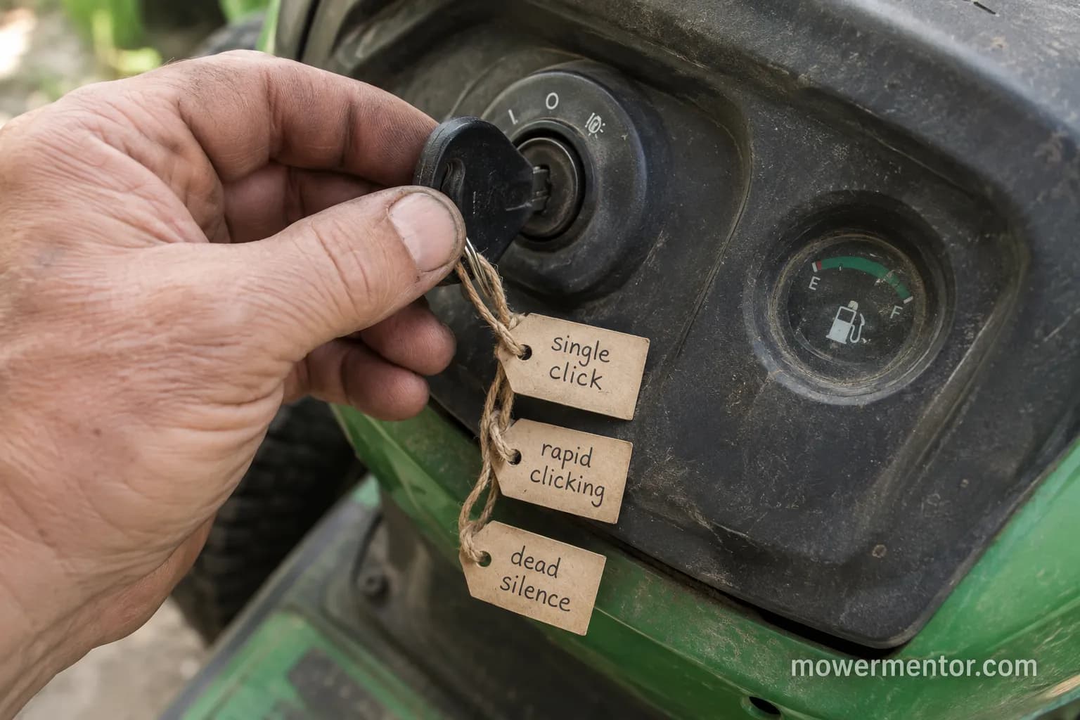 John Deere mower ignition key at start with labels for single click, rapid clicking and dead silence