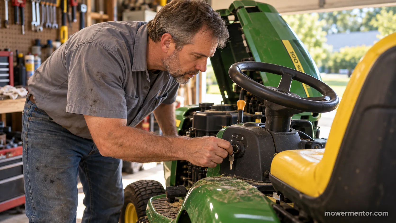 Technician turning the key on a John Deere riding mower to listen for a click