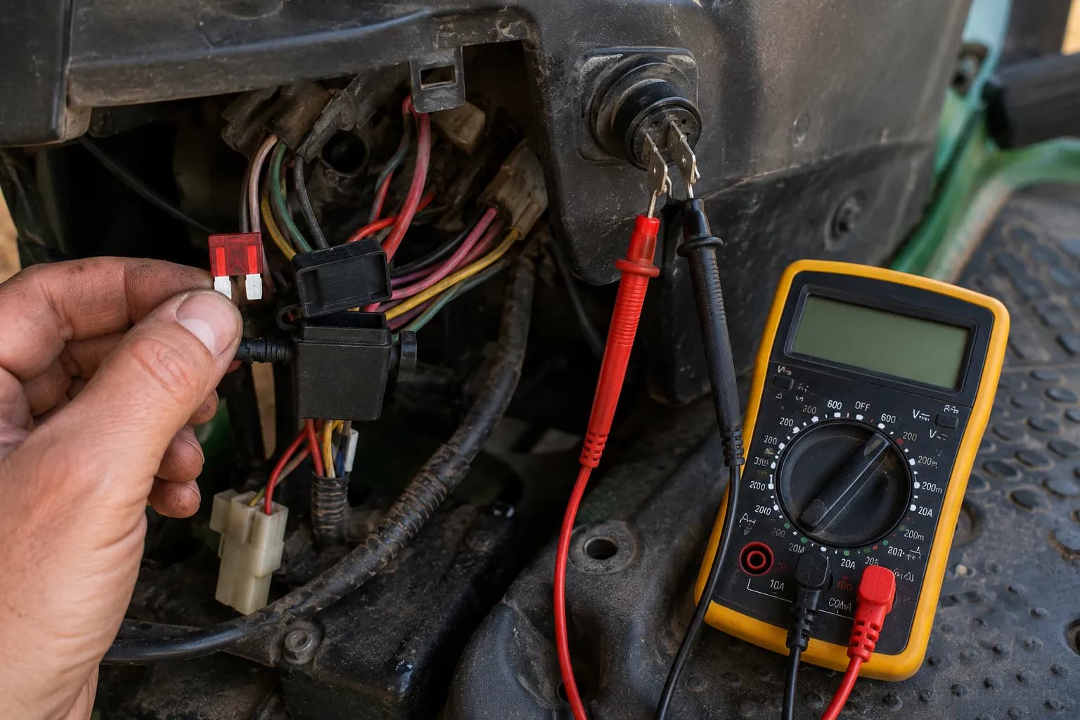 Hand pulling the main fuse on a John Deere riding mower while a meter tests the key switch