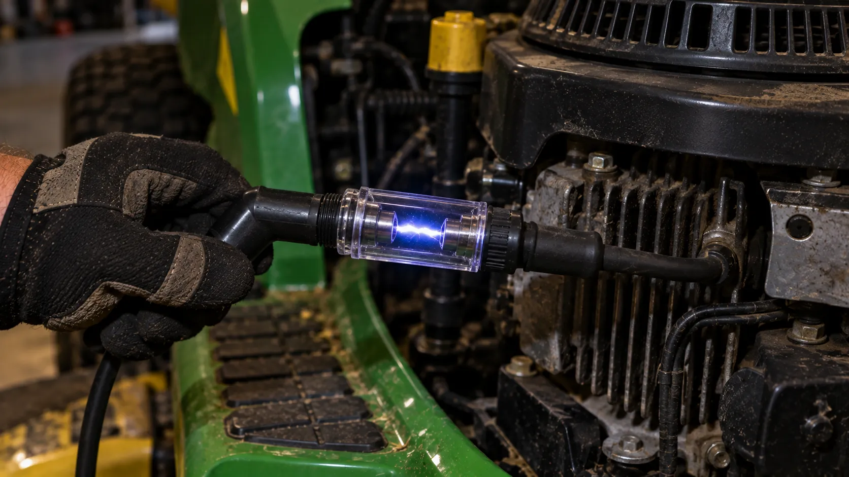 Spark tester showing a strong spark on a John Deere mower engine during cranking