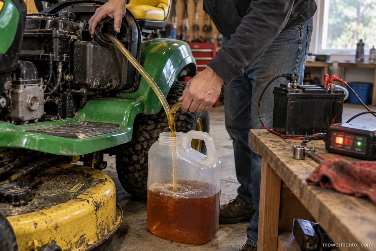 Draining stale fuel from a John Deere mower stored over winter with the battery on a charger