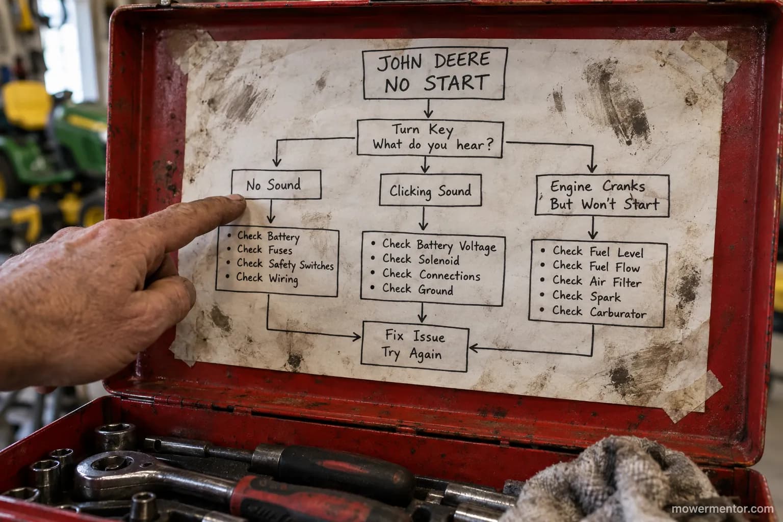 Decision tree routing a John Deere no-start by symptom to battery, solenoid, or fuel