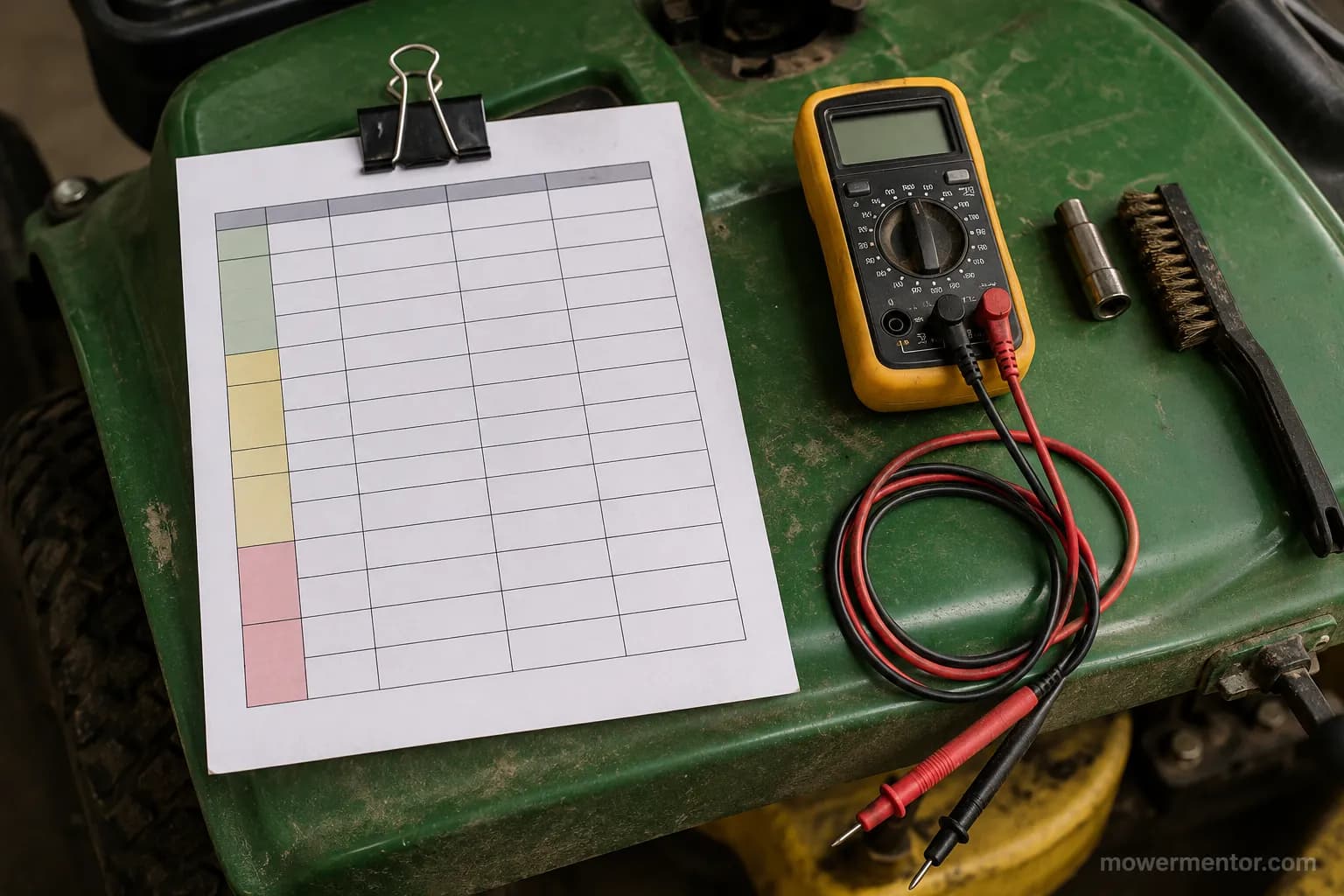 Printed John Deere no-start symptom to cause table clipped to a mower fender beside a multimeter