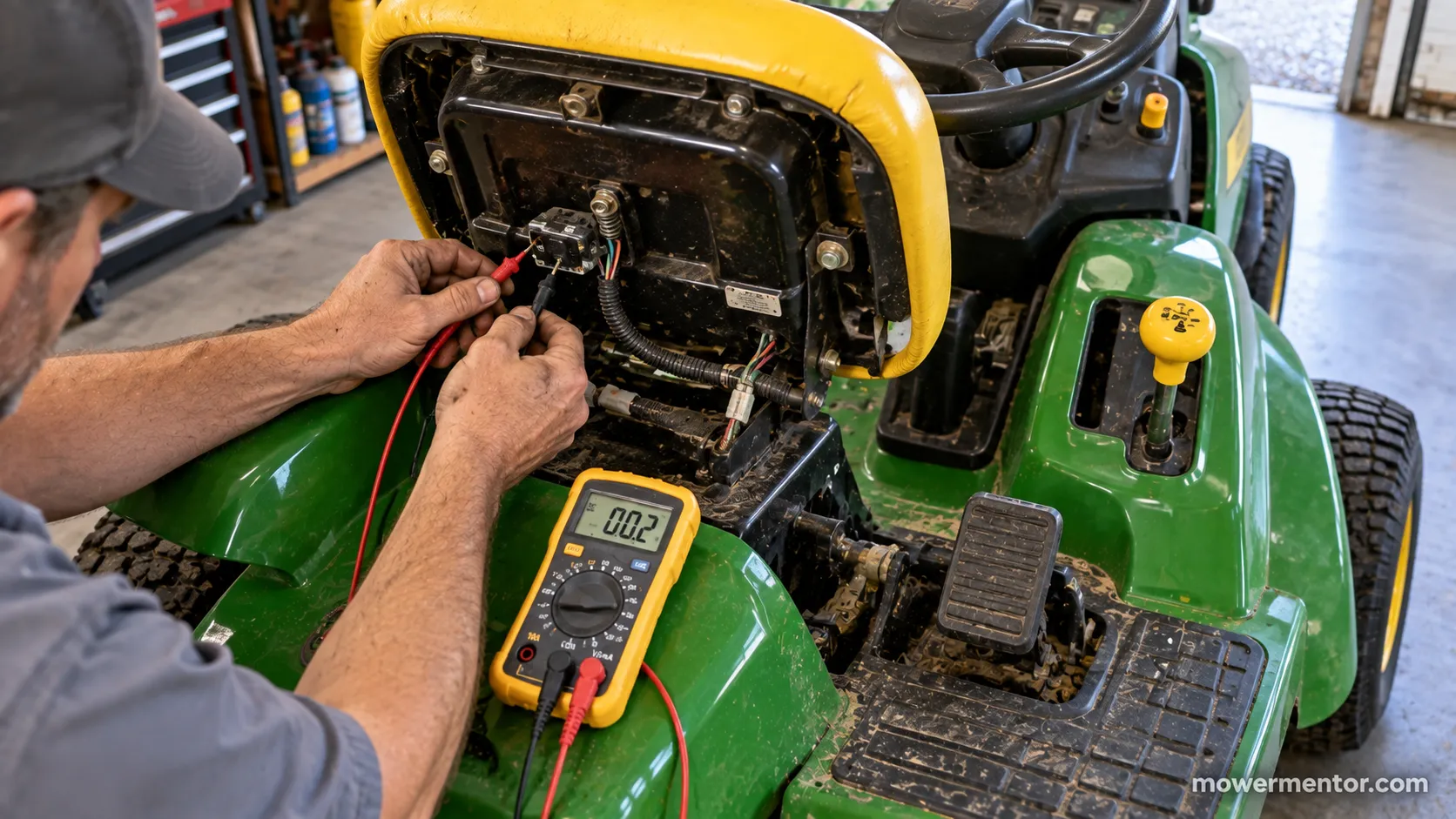 Seat, brake, and PTO safety switch locations tested on a John Deere mower