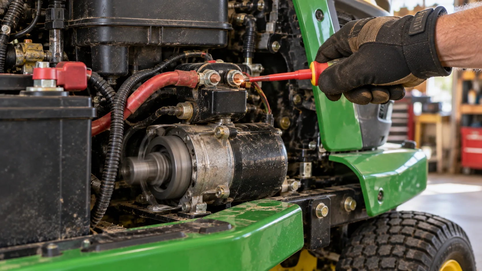 Jumping the starter solenoid lug on a John Deere riding mower to test it