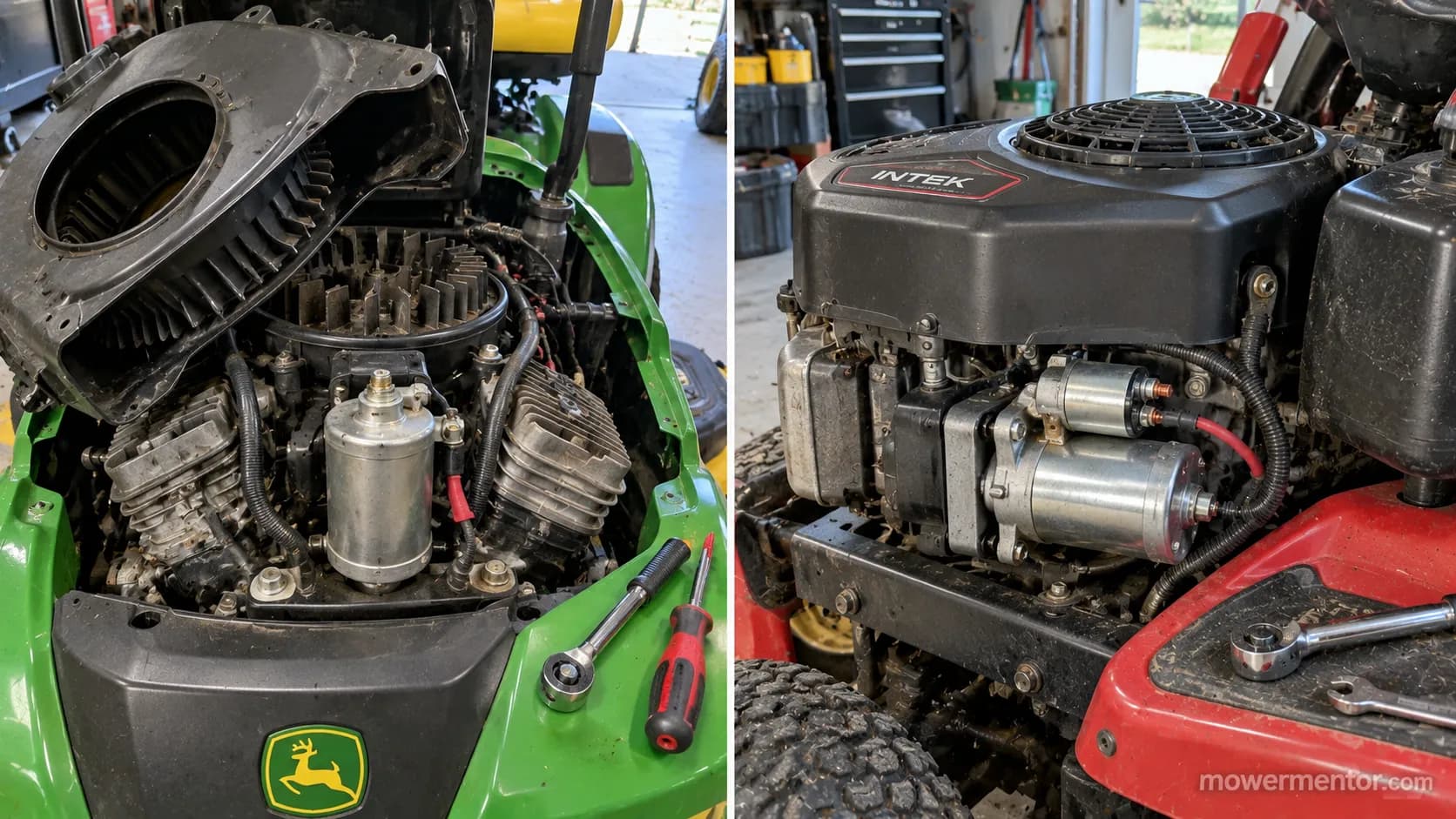 John Deere V-twin starter access with the blower housing removed