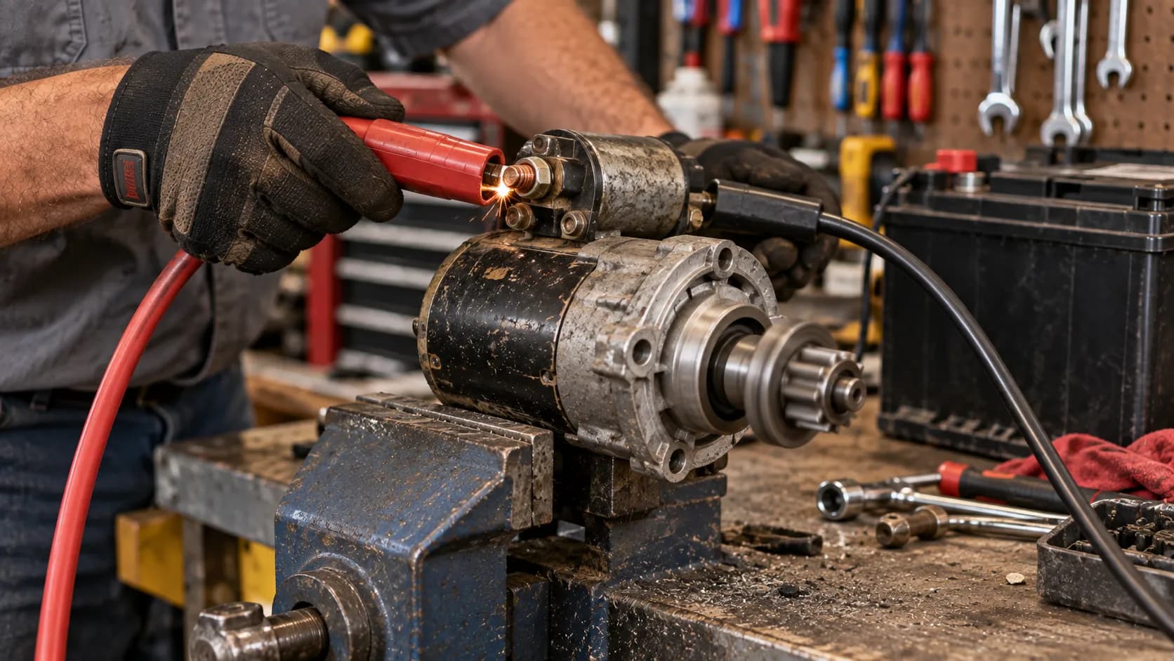 Applying 12 volts to a John Deere mower starter to confirm it spins