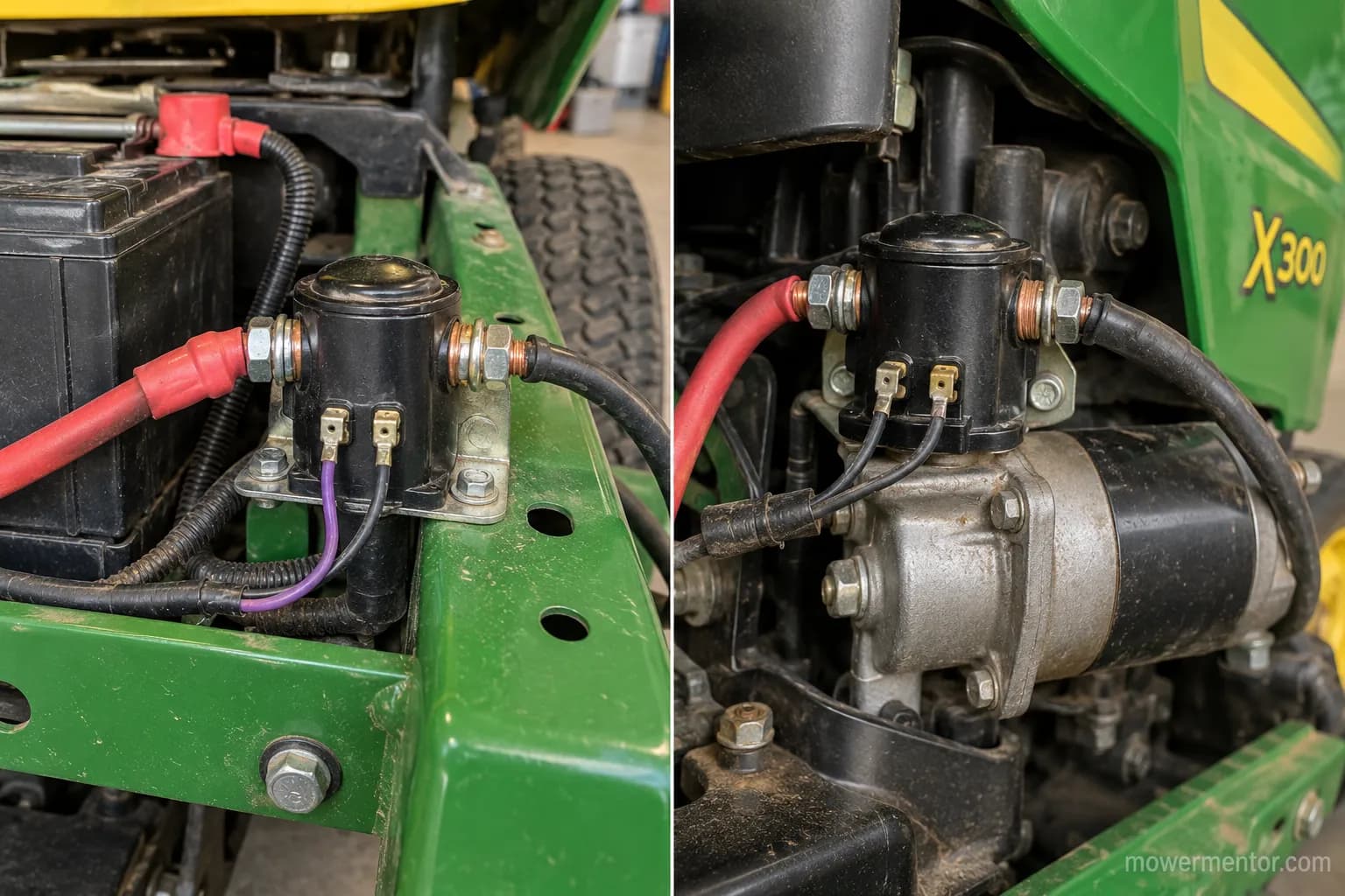 John Deere starter solenoid mounted on a D130 frame rail and near the starter on an X300.