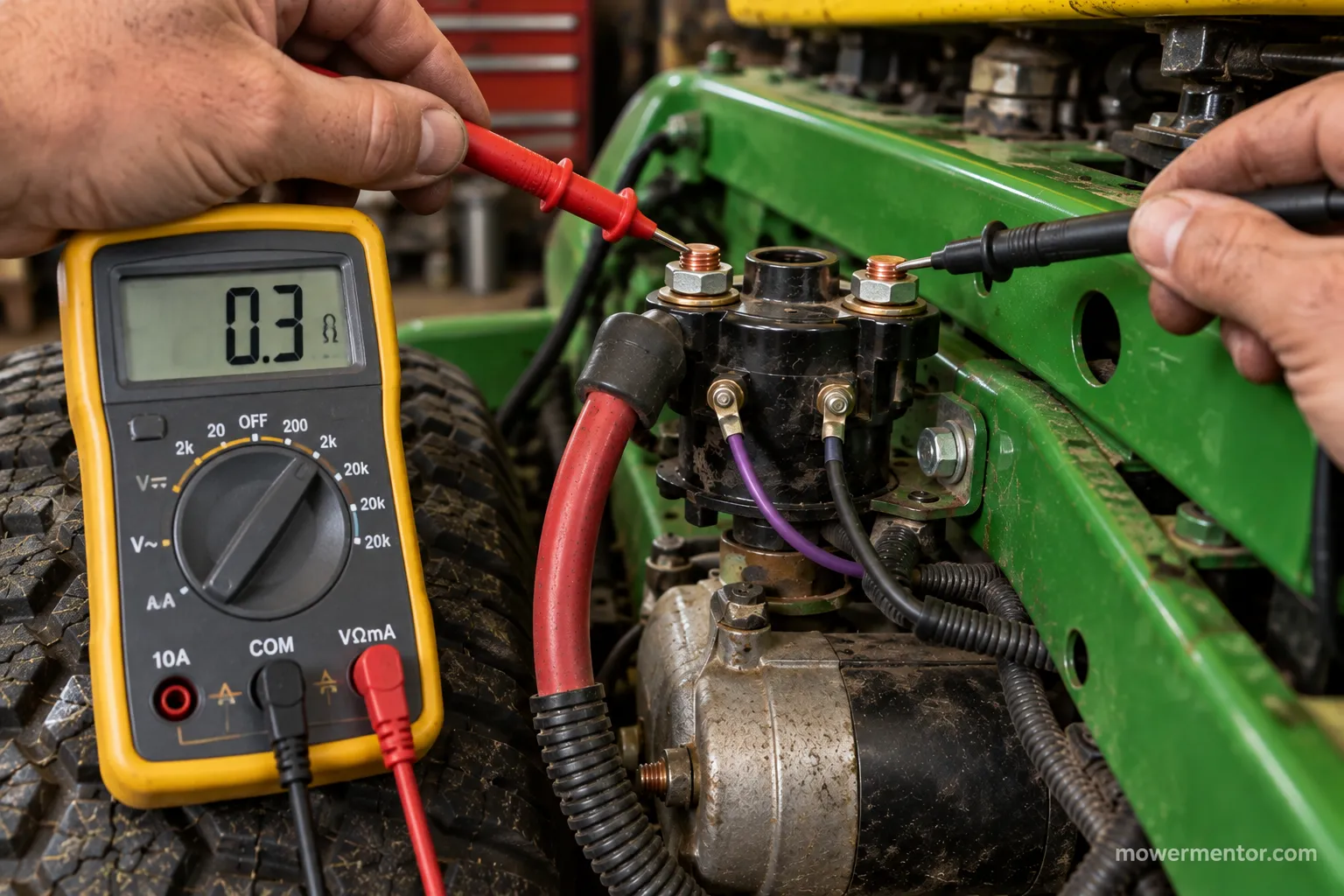 Testing a John Deere lawn mower starter solenoid for continuity with a multimeter.