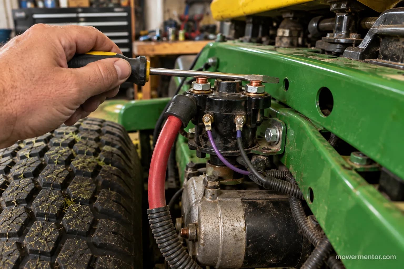 Bridging the two large posts of a John Deere mower starter solenoid with a screwdriver to test for a crank.
