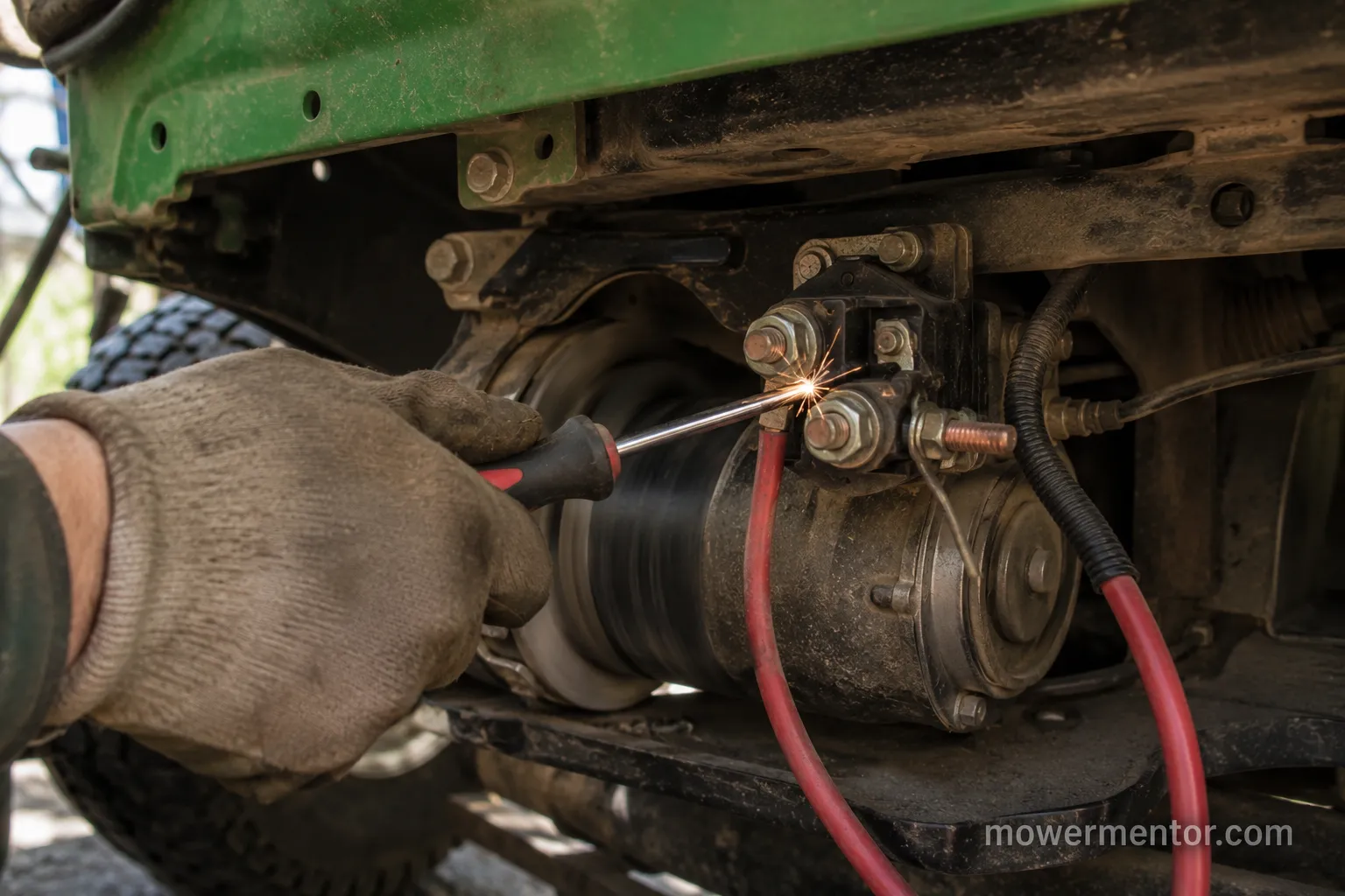 Screwdriver bridging John Deere starter solenoid studs to test the starter