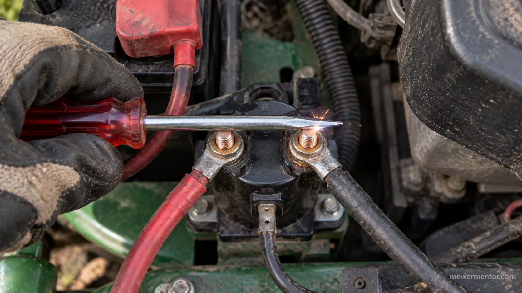 Gloved hand bridging a lawn mower starter solenoid's two large terminals with an insulated screwdriver