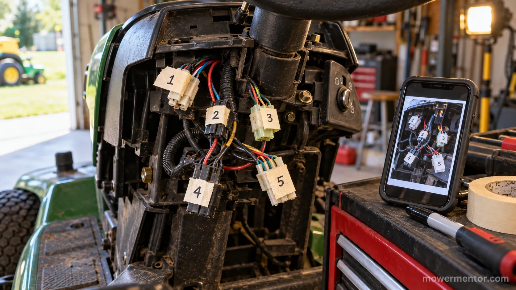 Lawn mower dash connectors labeled with numbered tape before wiring harness removal