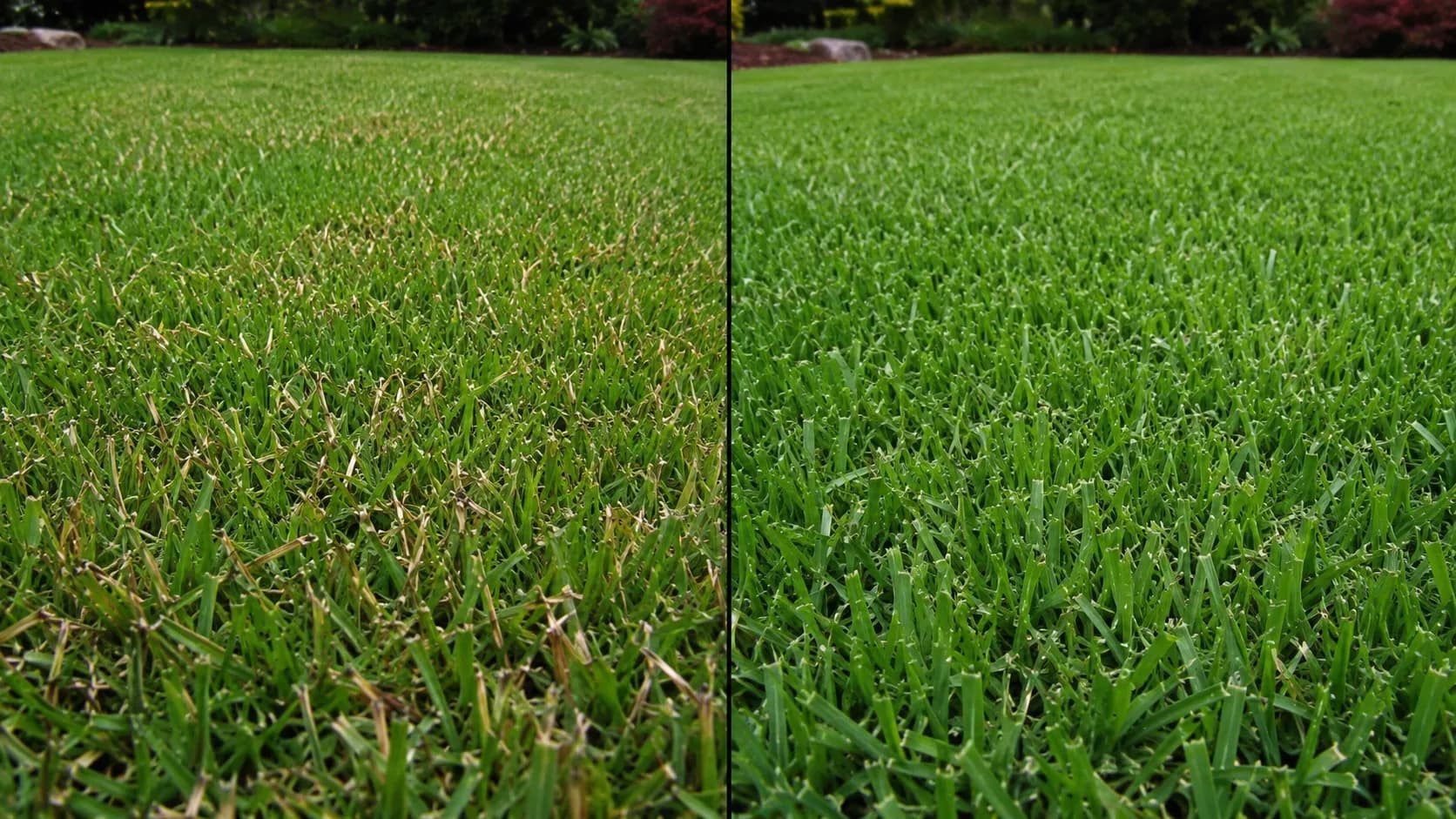 Split comparison of the same lawn 24 hours after mowing, showing browned frayed grass tips from a dull mower blade on the left and clean, healthy cuts from a sharp blade on the right.